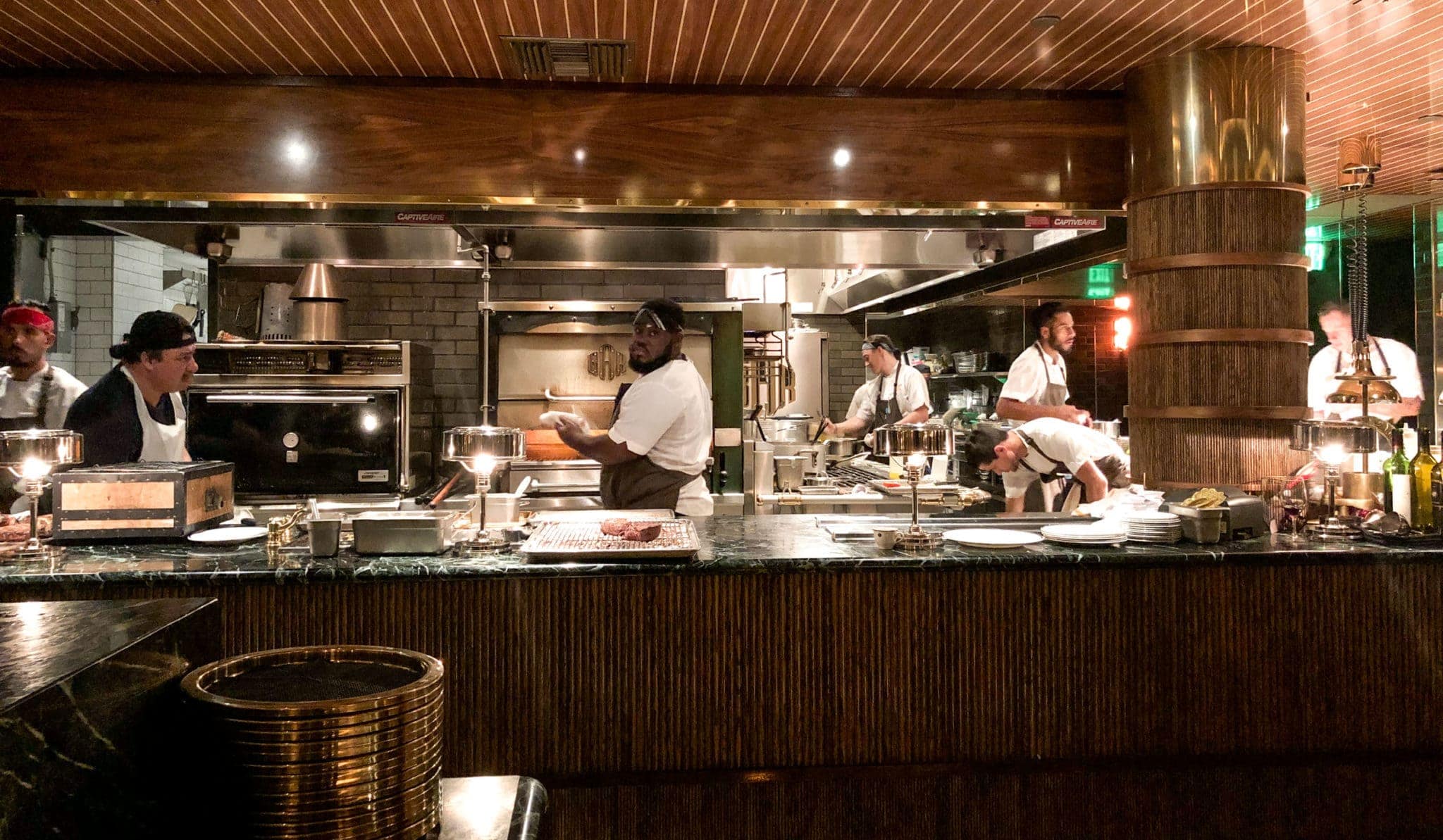 Open kitchen at Born and Raised Steakhouse in San Diego, California