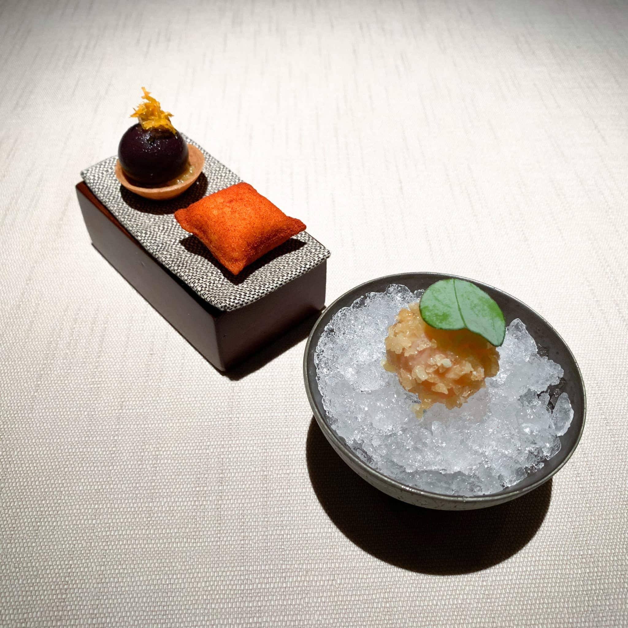 Amuse bouche (left to right): olive, potato, spritz