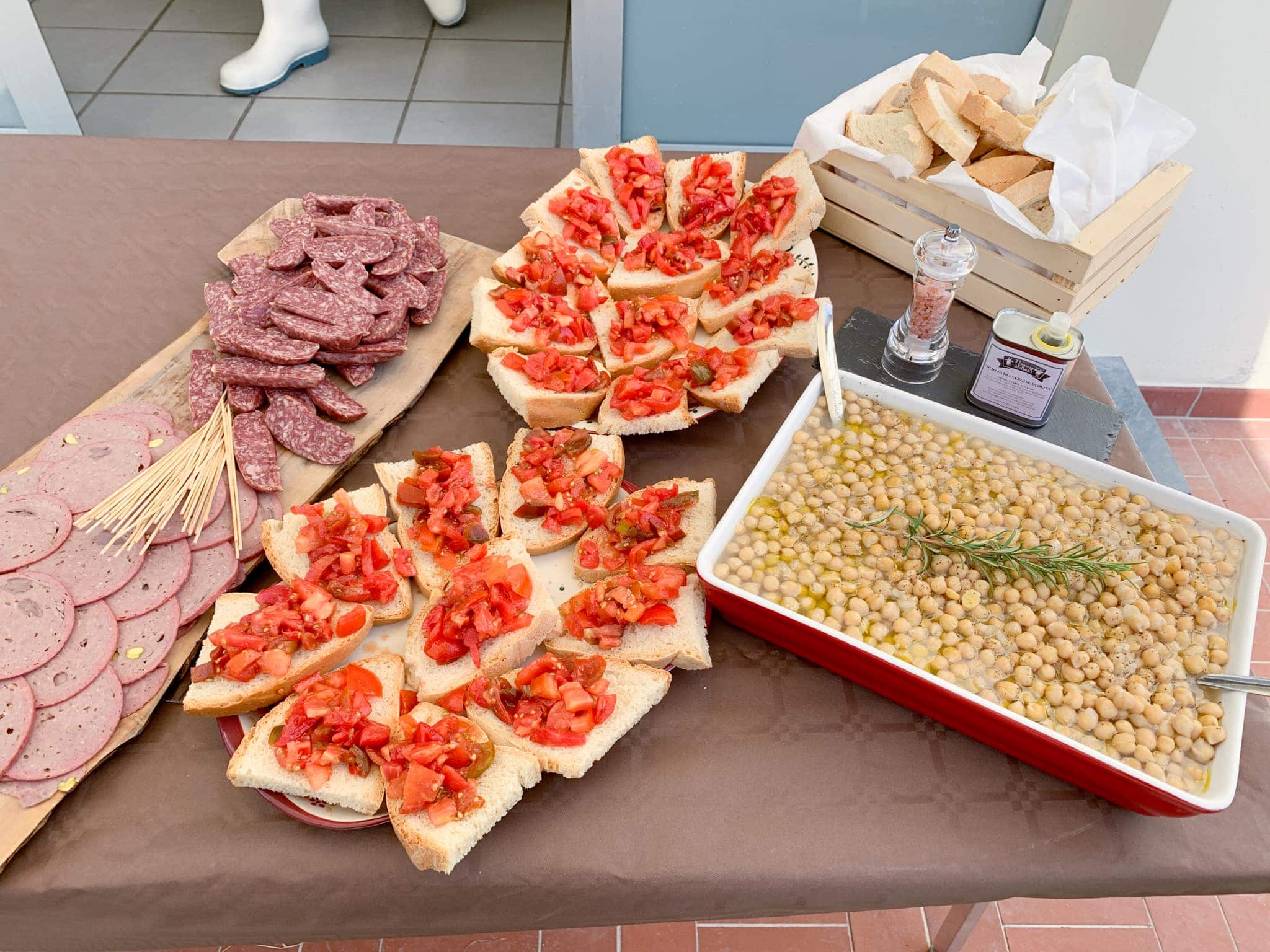 Bruschetta, wild boar sausage, and white beans