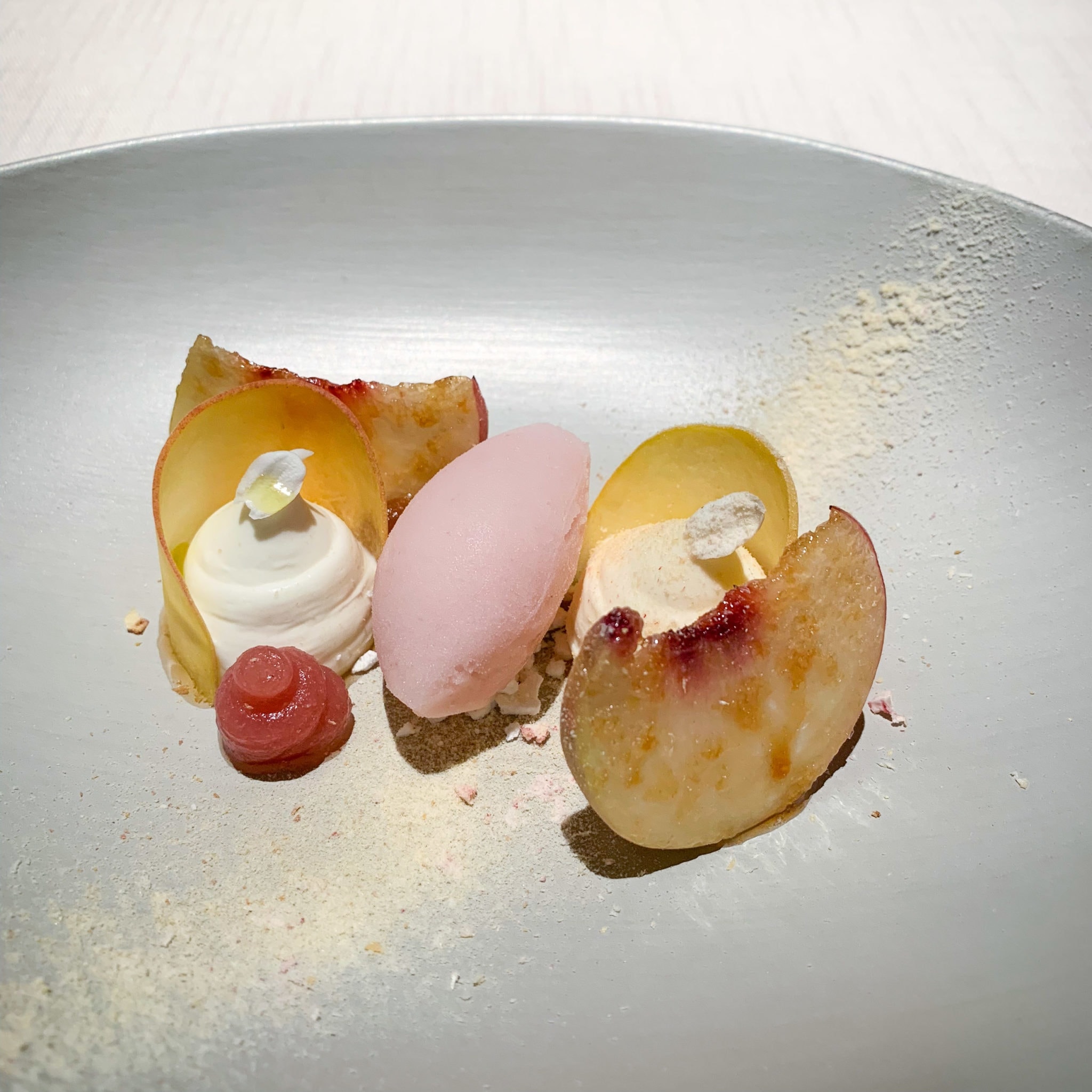 Peach and white chocolate dessert