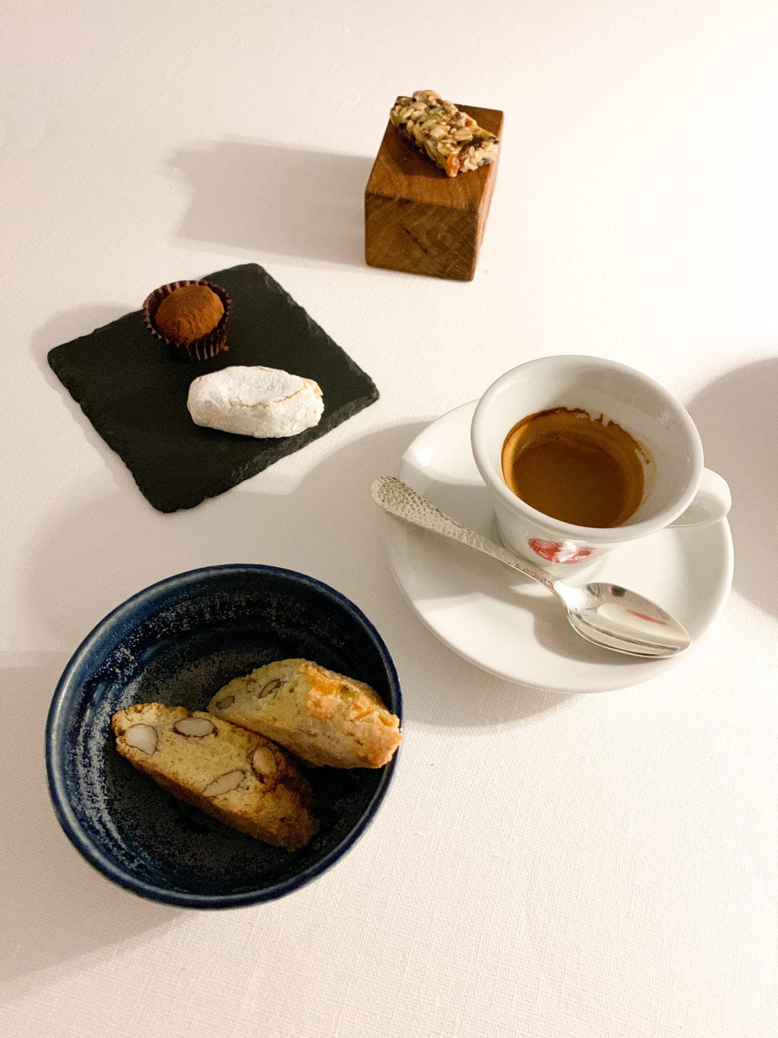 Espresso, biscotti, and chocolate truffle with honey, balsamic filling