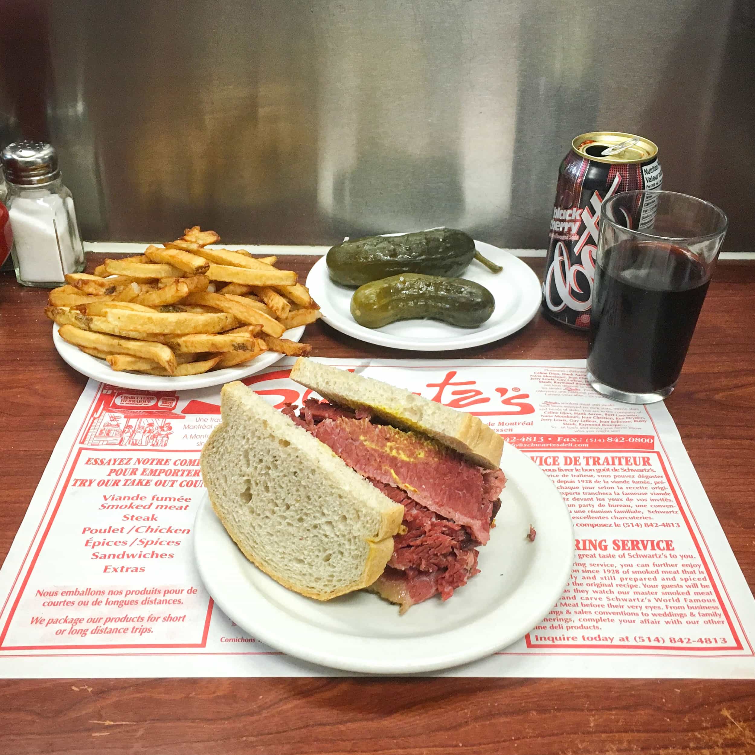 The smoked meat sandwich at Schwartz's Deli, one of the top places to eat in Montreal.