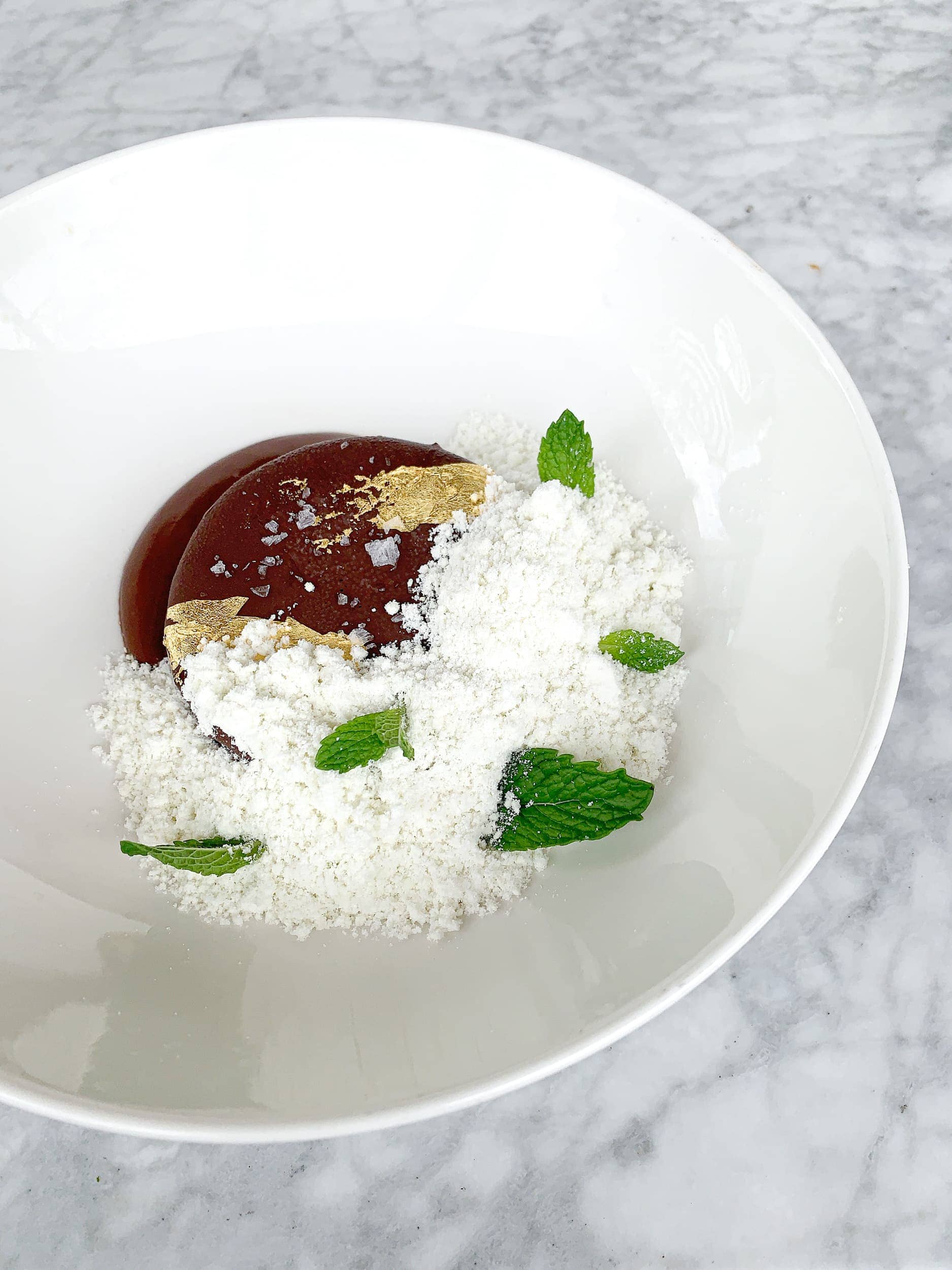 Mint white chocolate semifreddo with dark chocolate magic shell and fleur de sel