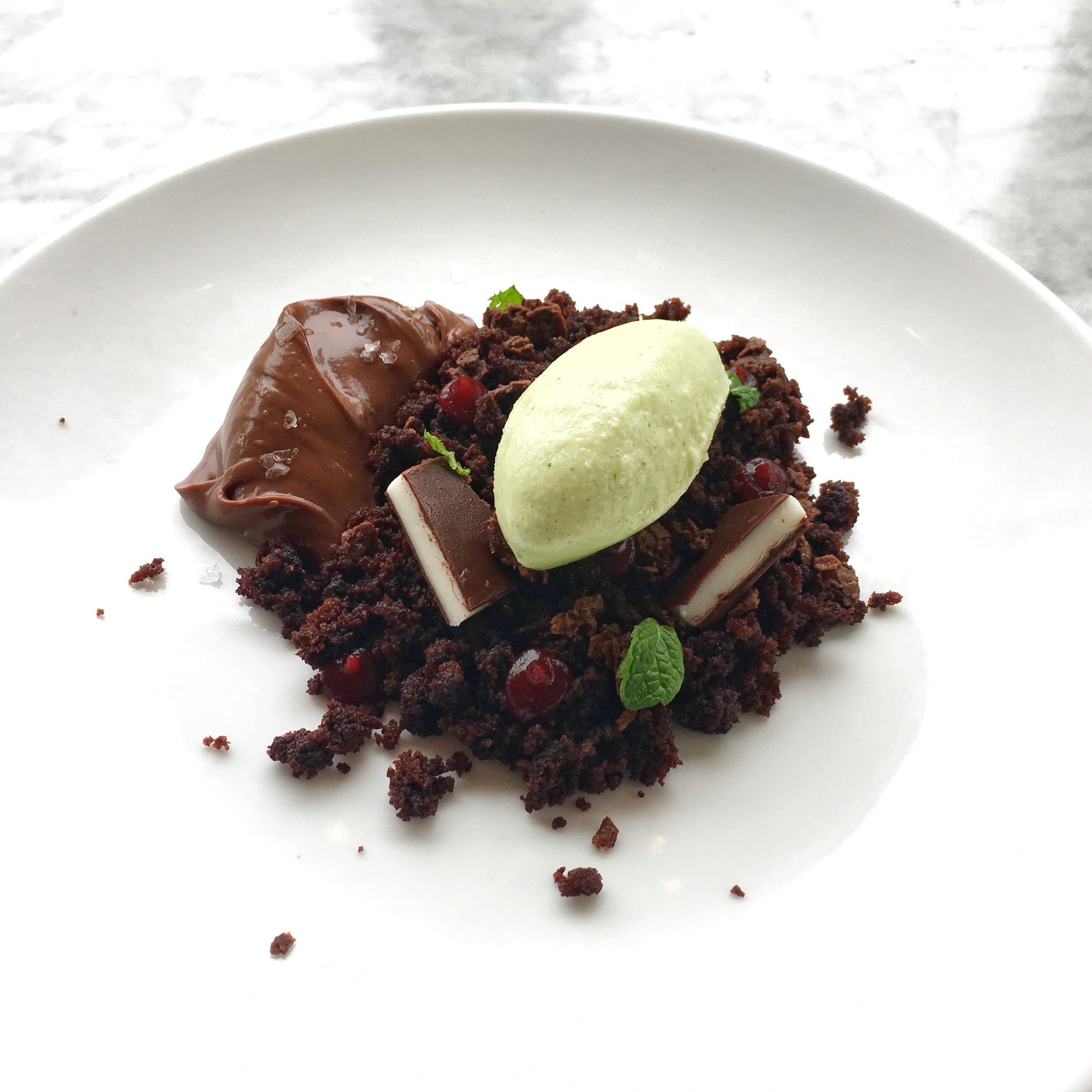 Bittersweet chocolate mousse with Fernet & cola cake, peppermint patty, Maldon salt, cherry, and mint ice cream