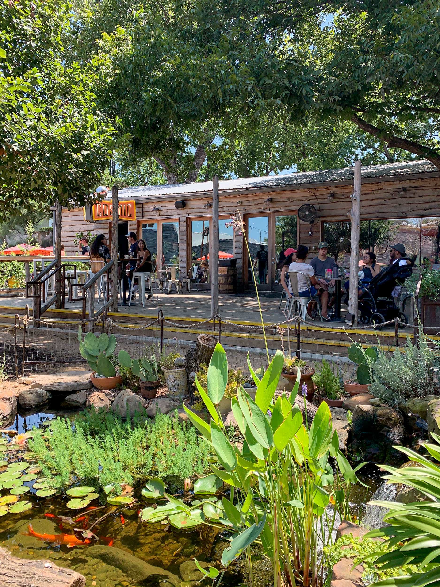 A koi pond outside Cosmic, one of the best coffee shops in south Austin