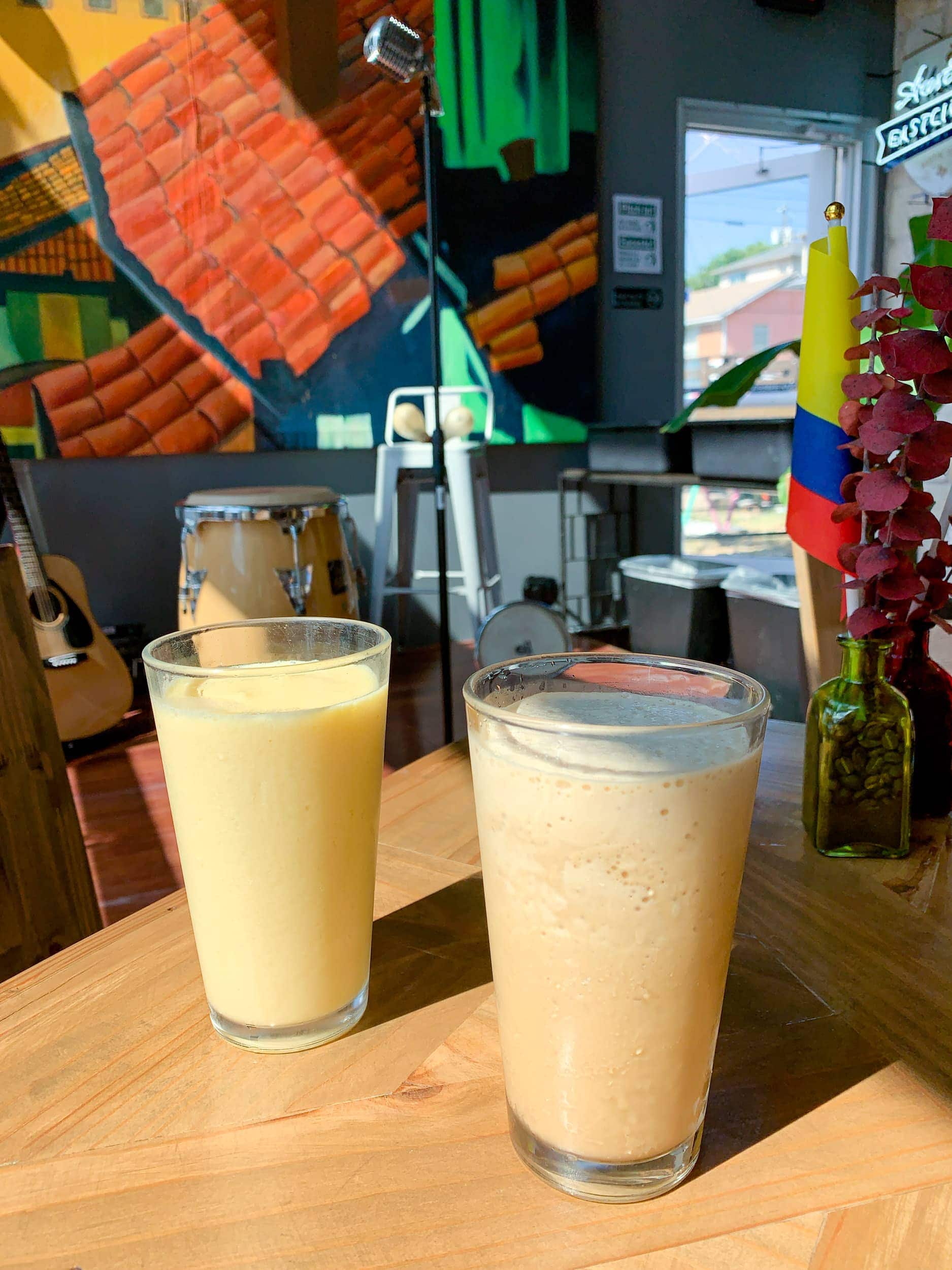 Fruit smoothie and iced coffee at Plaza Colombian Coffee in South Austin