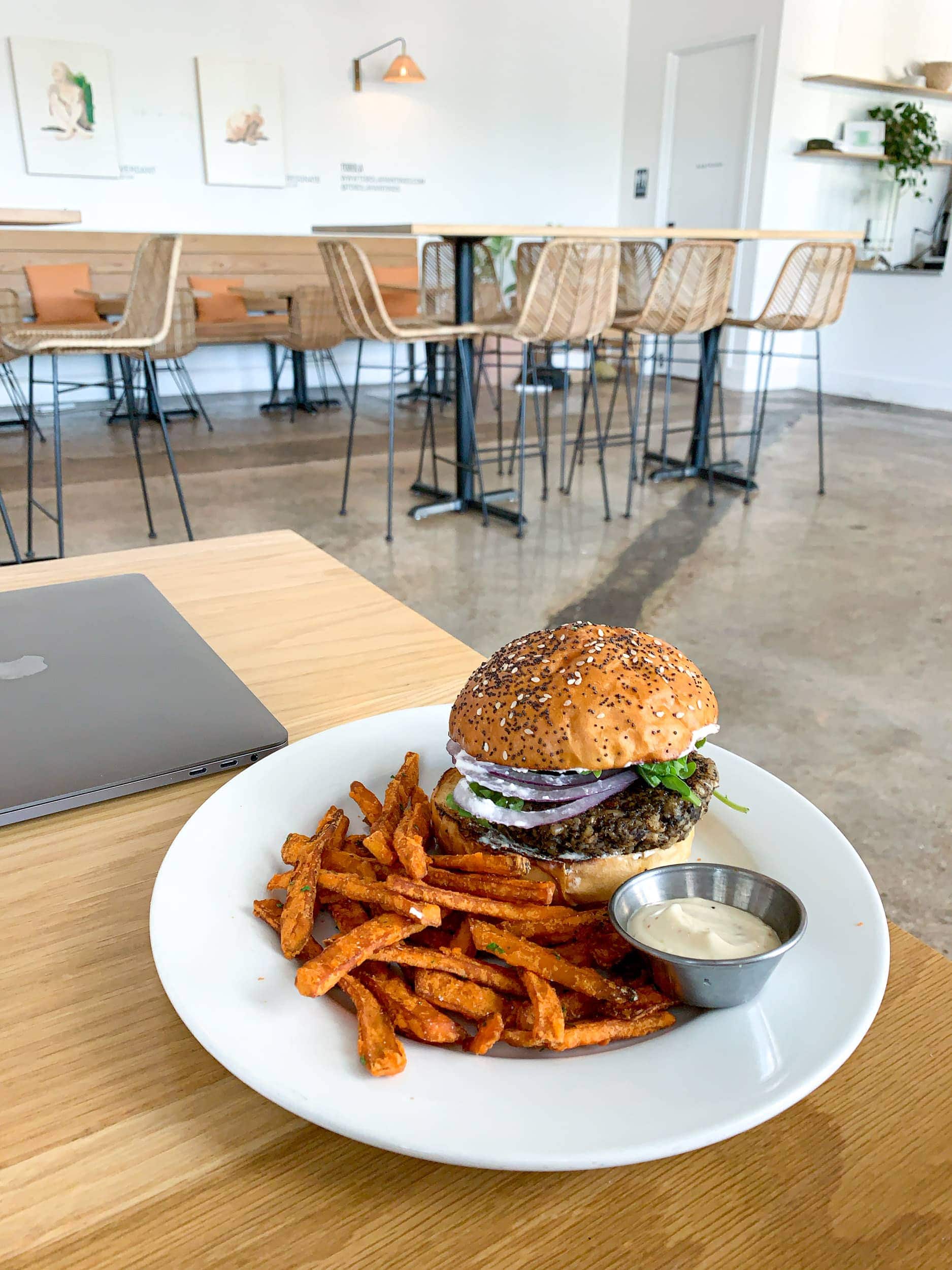 Veggie burger and sweet potato fries at Hank's