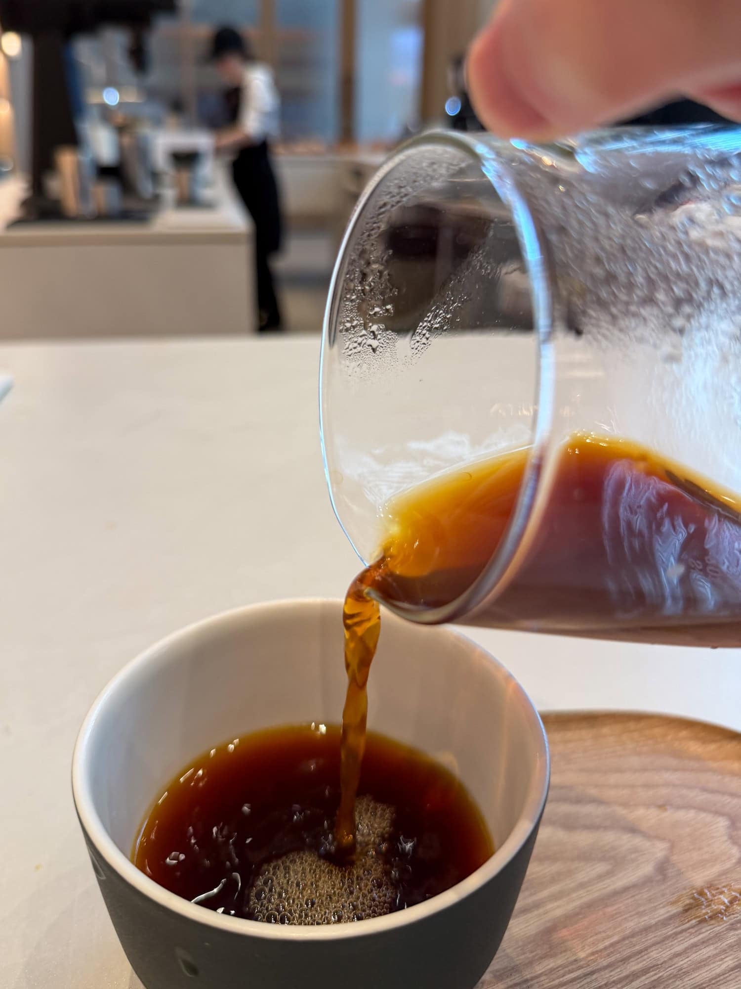 Pouring a Colombian Peñas Blancas coffee at Black Fox Coffee in downtown Austin.