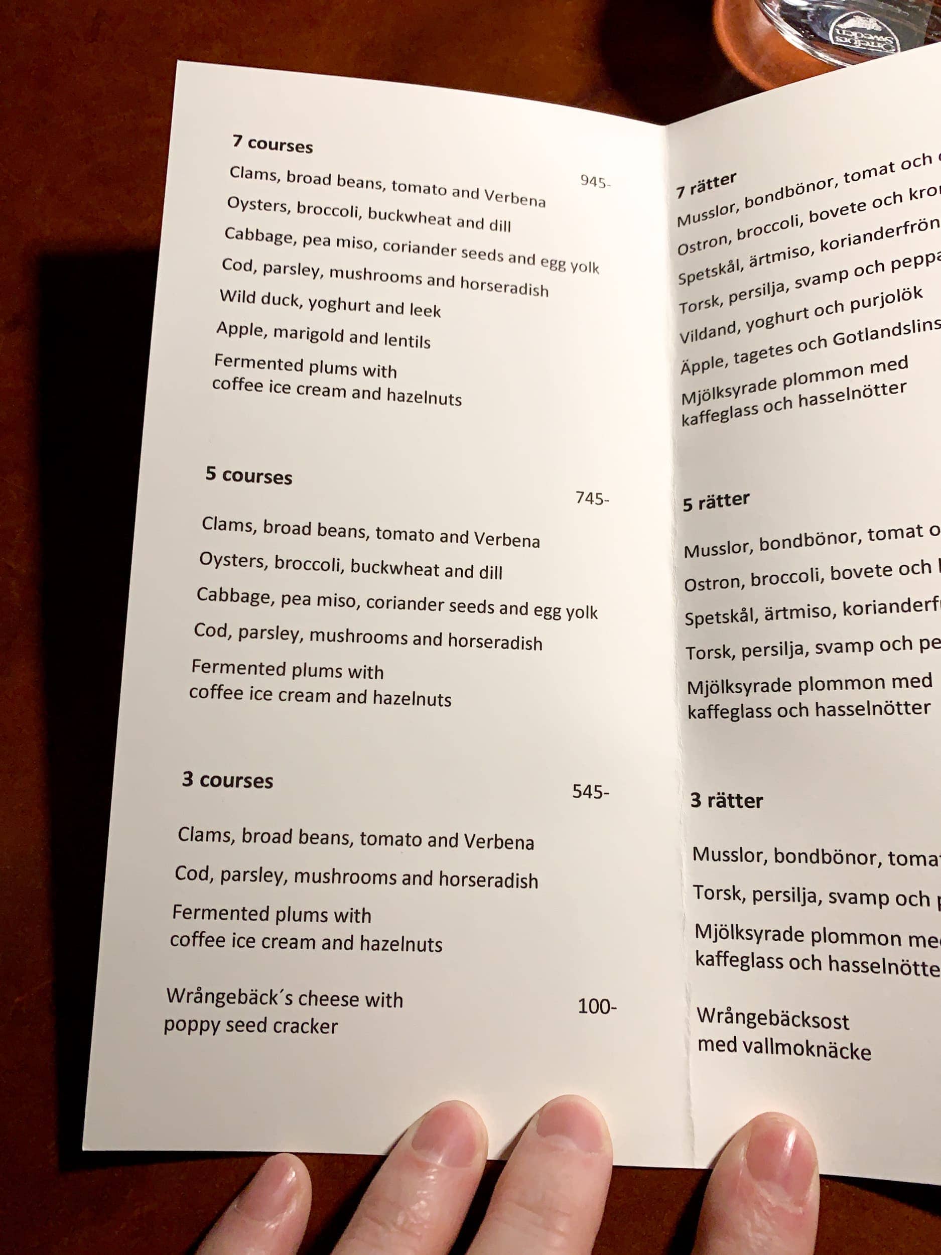 The daily menu at Koka in Gothenburg, Sweden