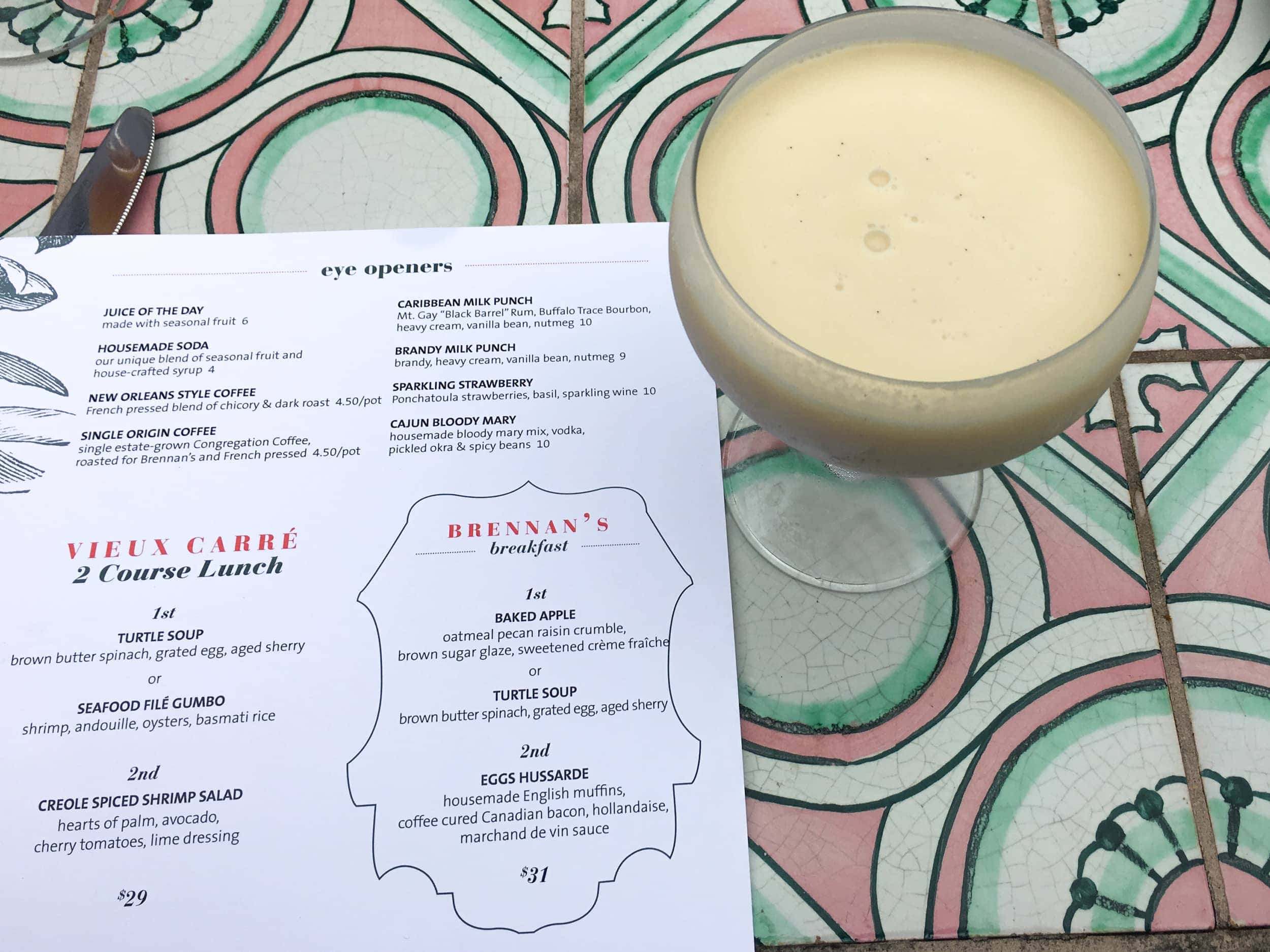 Caribbean milk punch and the breakfast menu at Brennan's