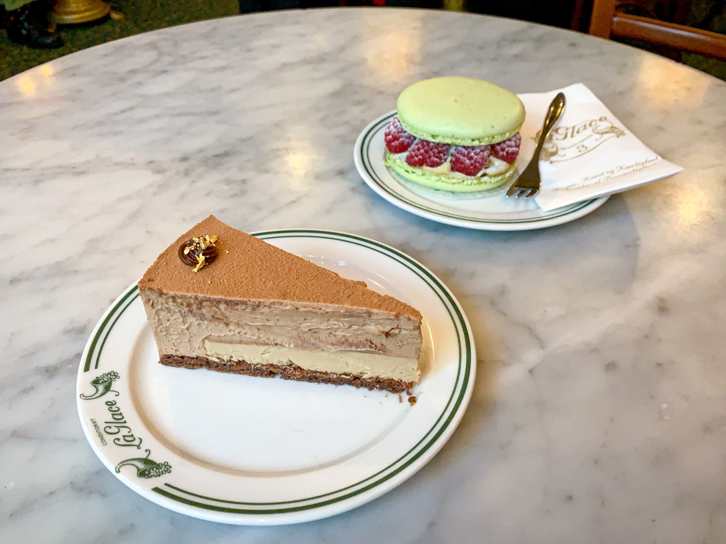 Caramel mousse cake and pistachio macarons