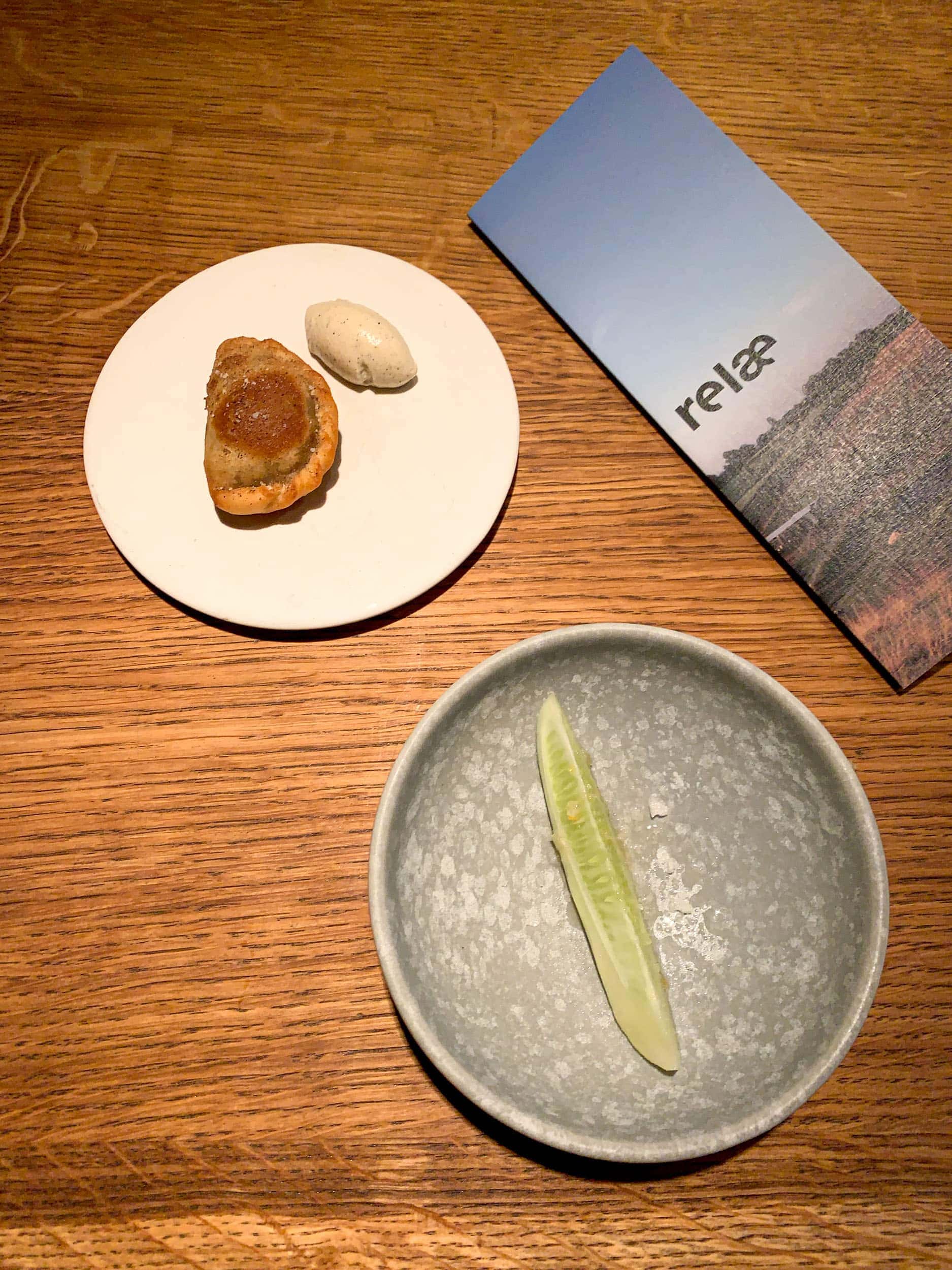 Mushroom empanada and cucumber at Restaurant Relae in Copenhagen, Denmark