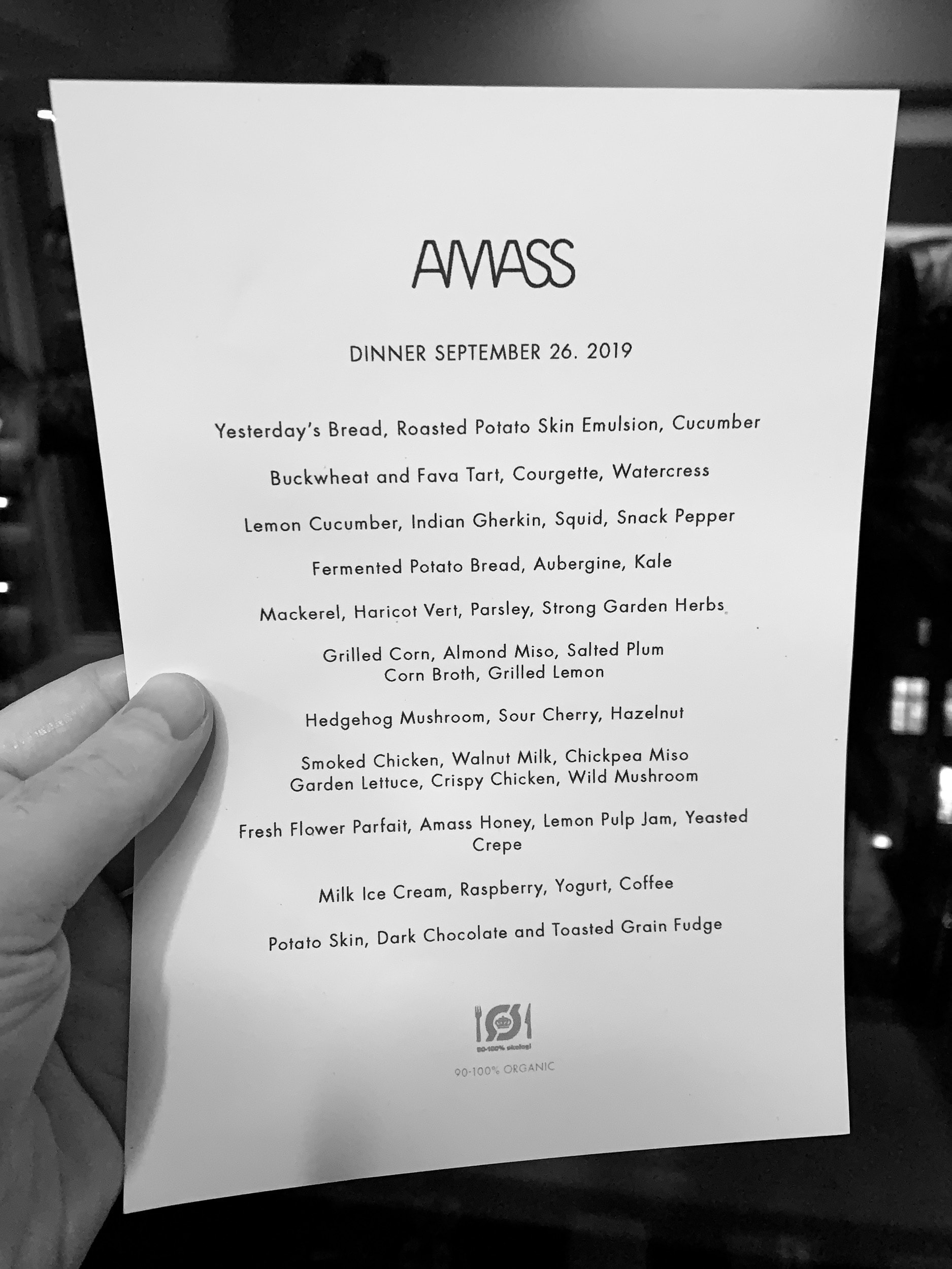 Amass Restaurant dinner menu