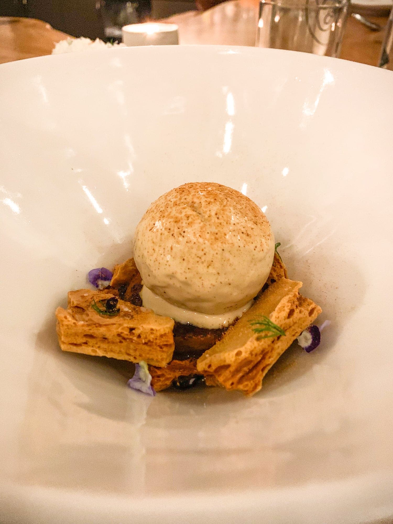 Black garlic caramel ice cream with Nukazuke sweet potato, honeycomb, and wildflower