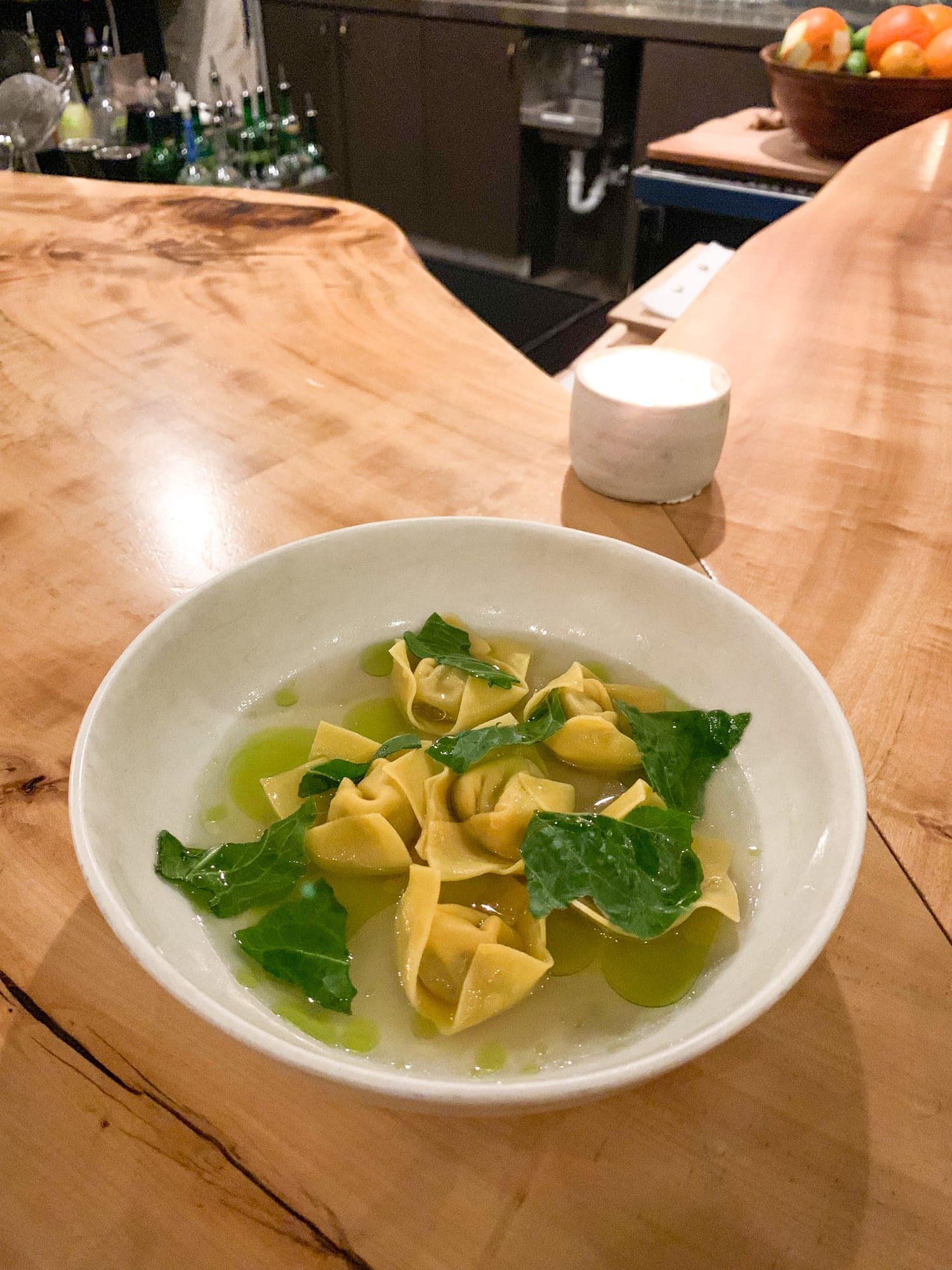 White Sonora cappelletti pasta with short rib and pork belly at Emmer & Rye in Austin