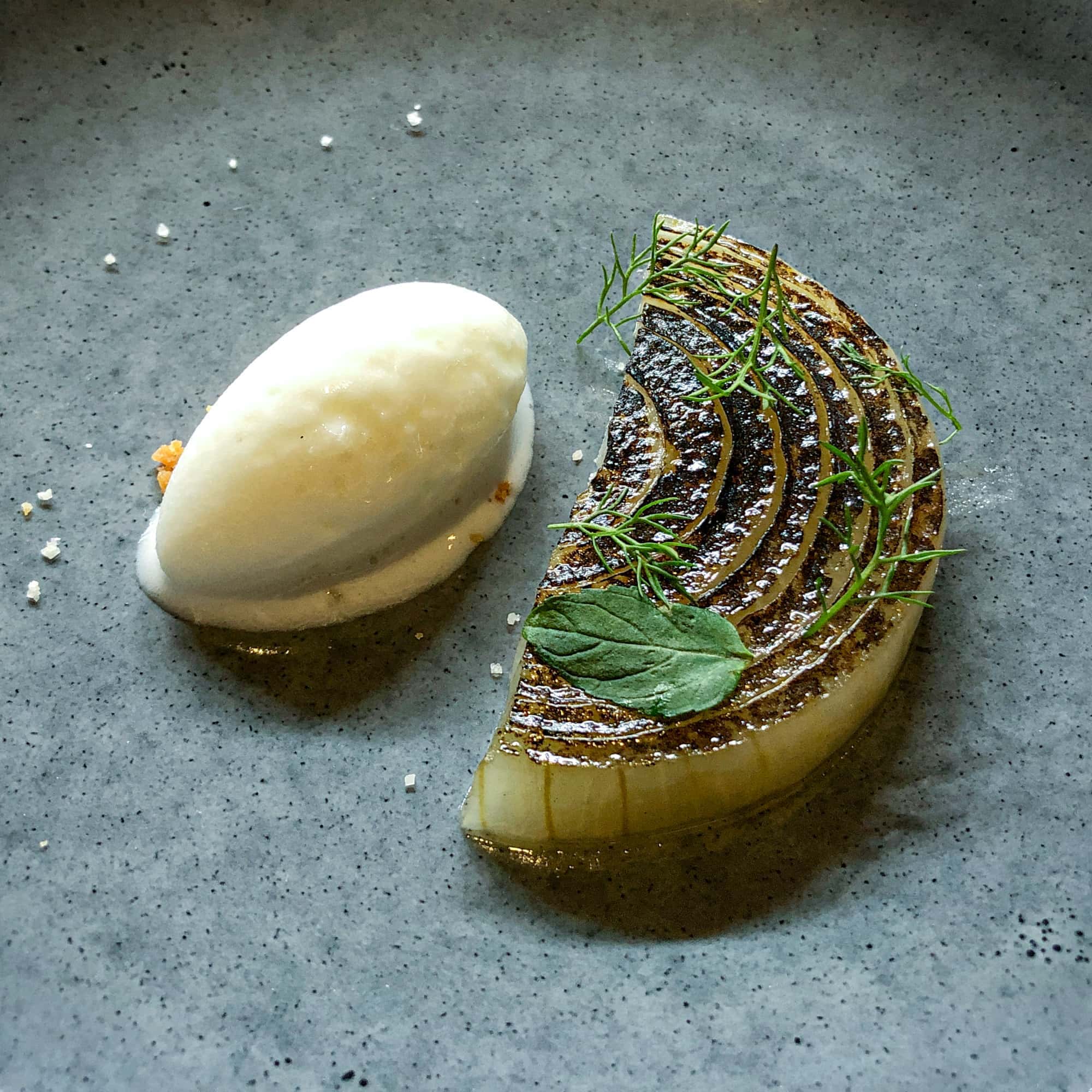 Onion, caramel, and salted yoghurt ice cream