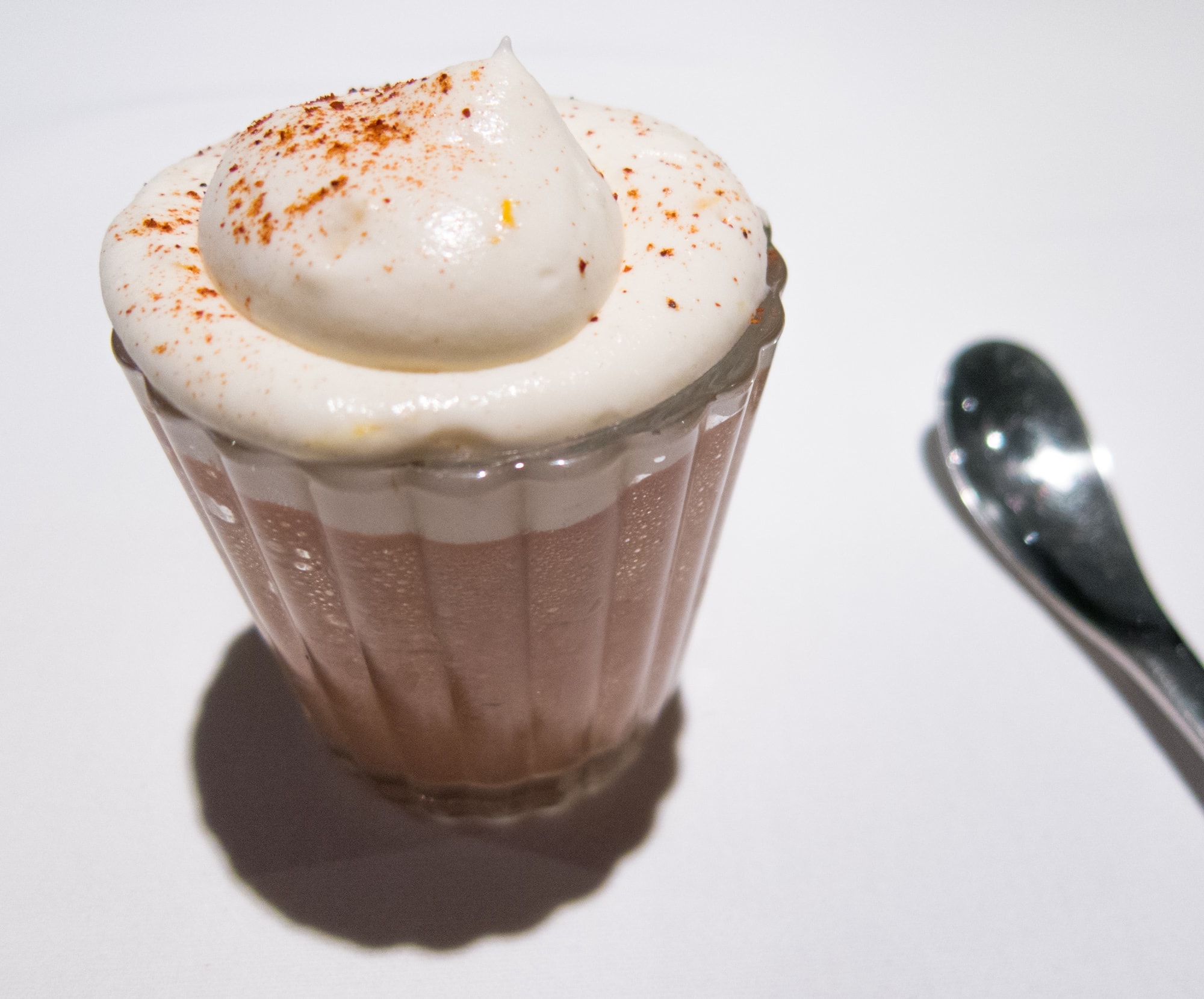 Chocolate mousse with mezcal and orange, served warm