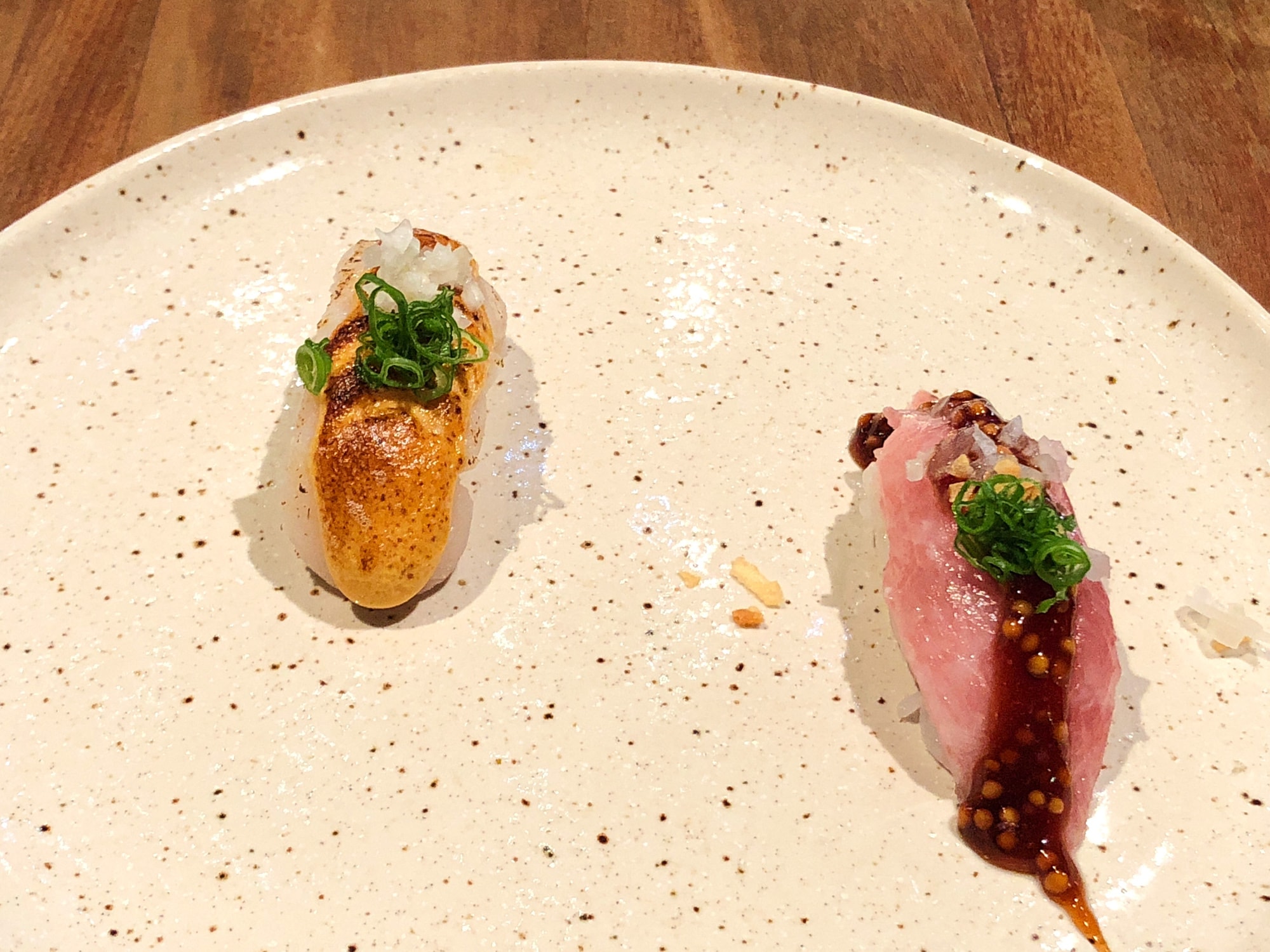 Scallop and urchin (left), tuna belly