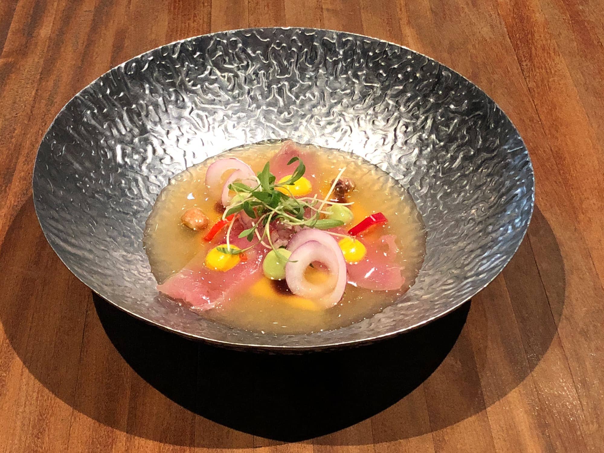 Ceviche in a silver bowl