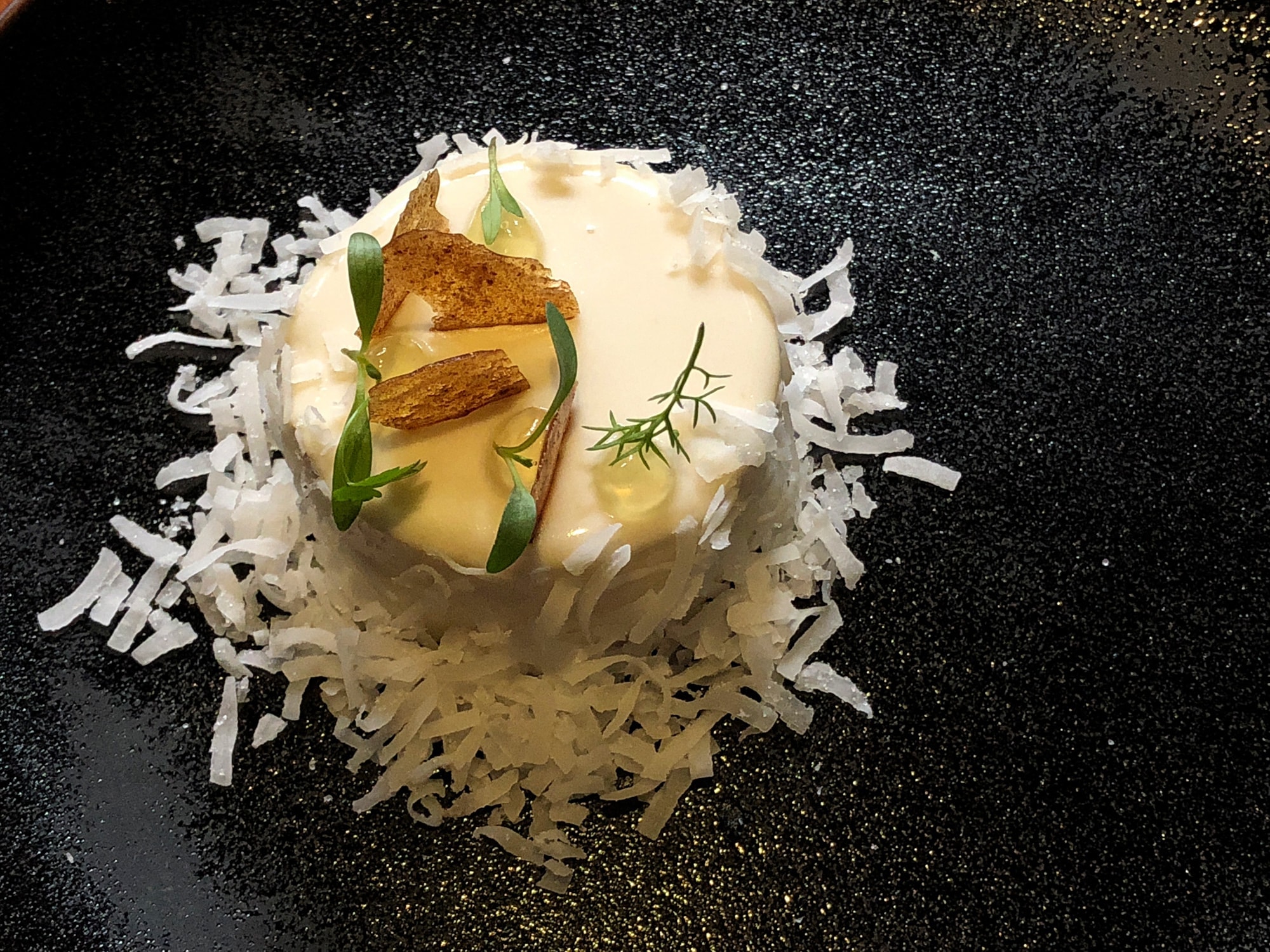 Coconut passion fruit dessert at Sud 777 in Mexico City