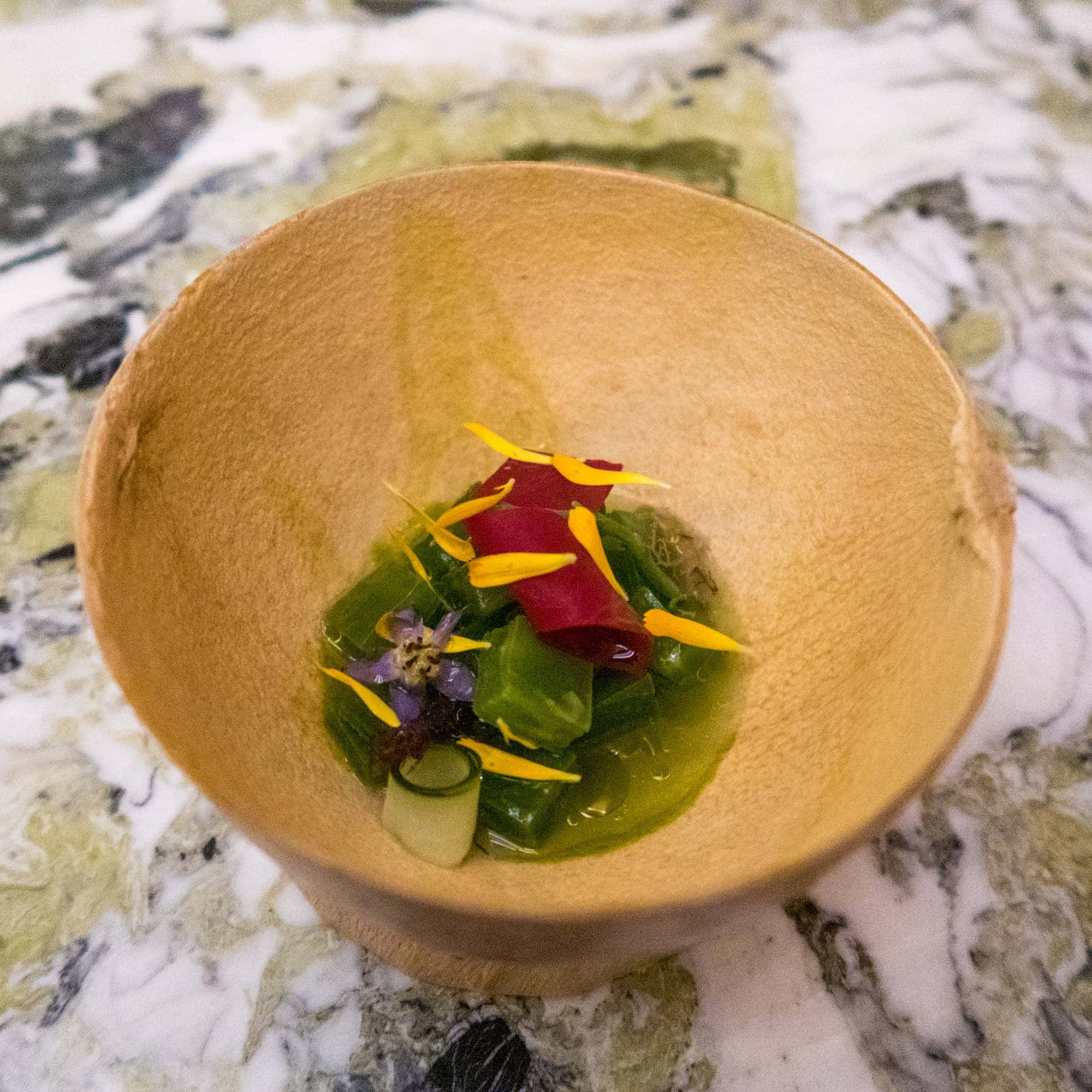 Cactus cebiche with beetroot and orange at Mexico City's Quintonil