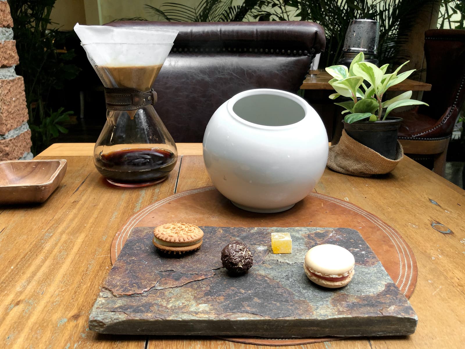 Petit fours and pour over coffee