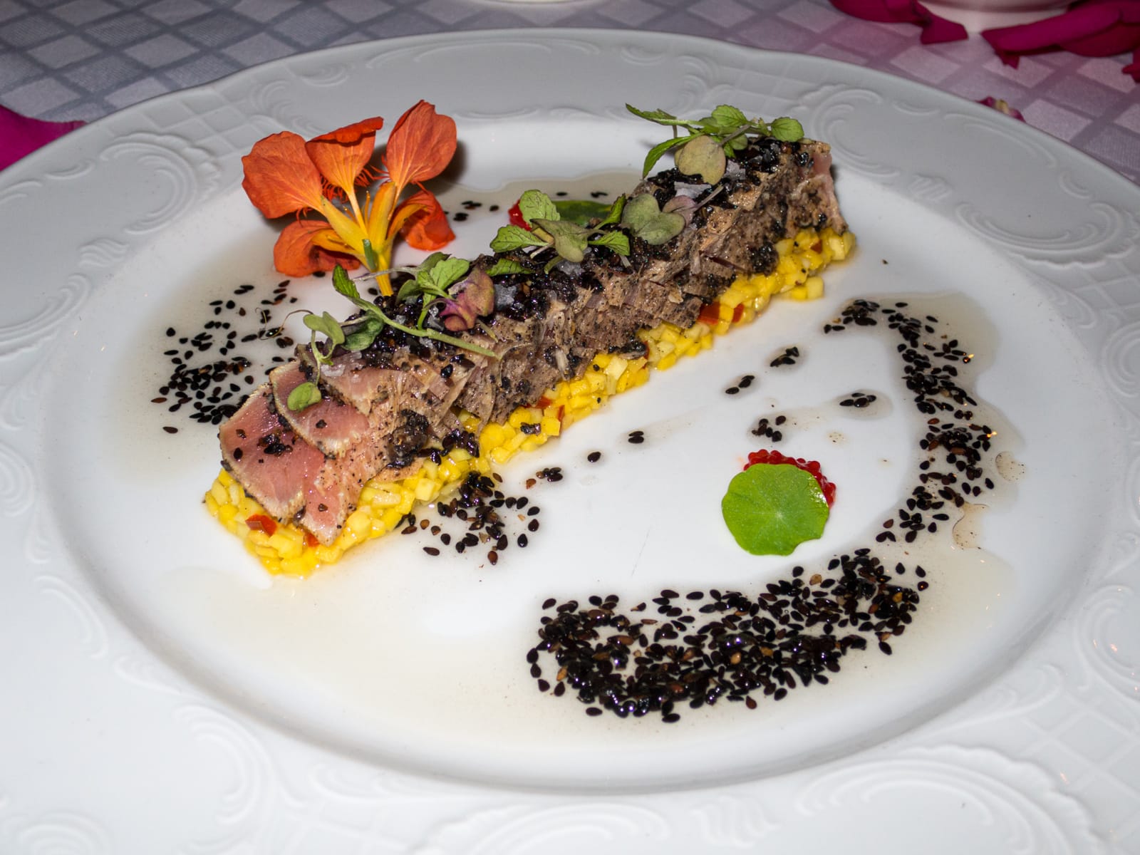 Tuna tataki on mango and sweet chili tartar at Brulee, one of the best restaurants in Medellin, Colombia