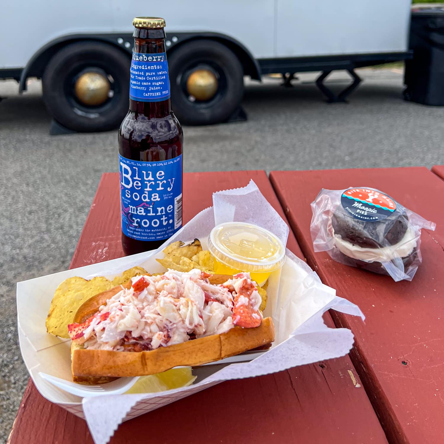 Connecticut lobster roll (one of my best bites of 2023), blueberry soda, and a whoopie pie at Taste of Maine food truck