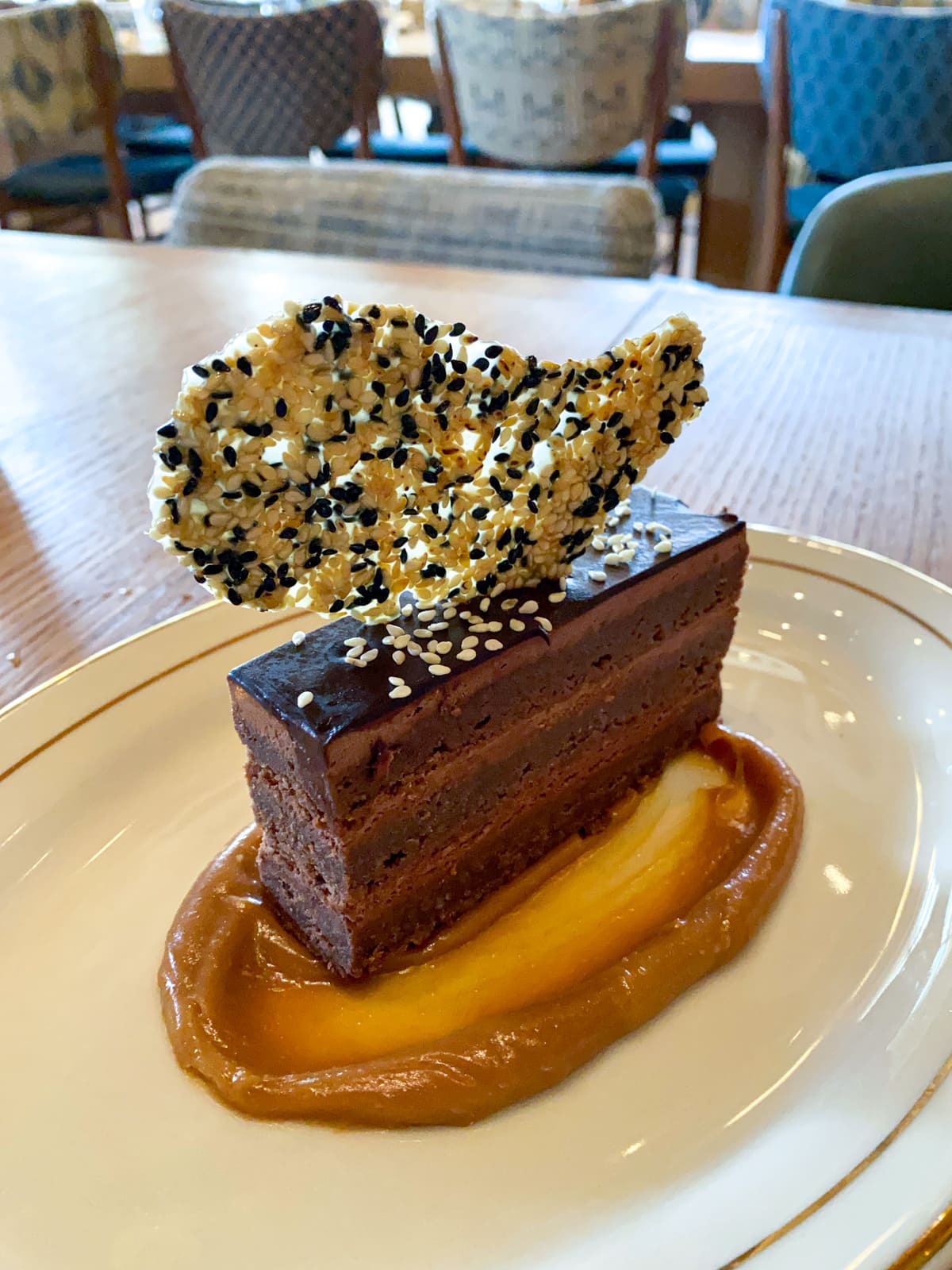 Dark chocolate torte, sesame brittle, tahina caramel