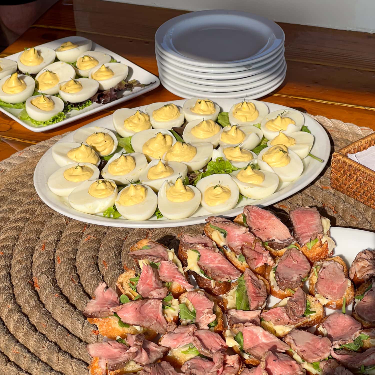 Prime rib canapés and deviled eggs