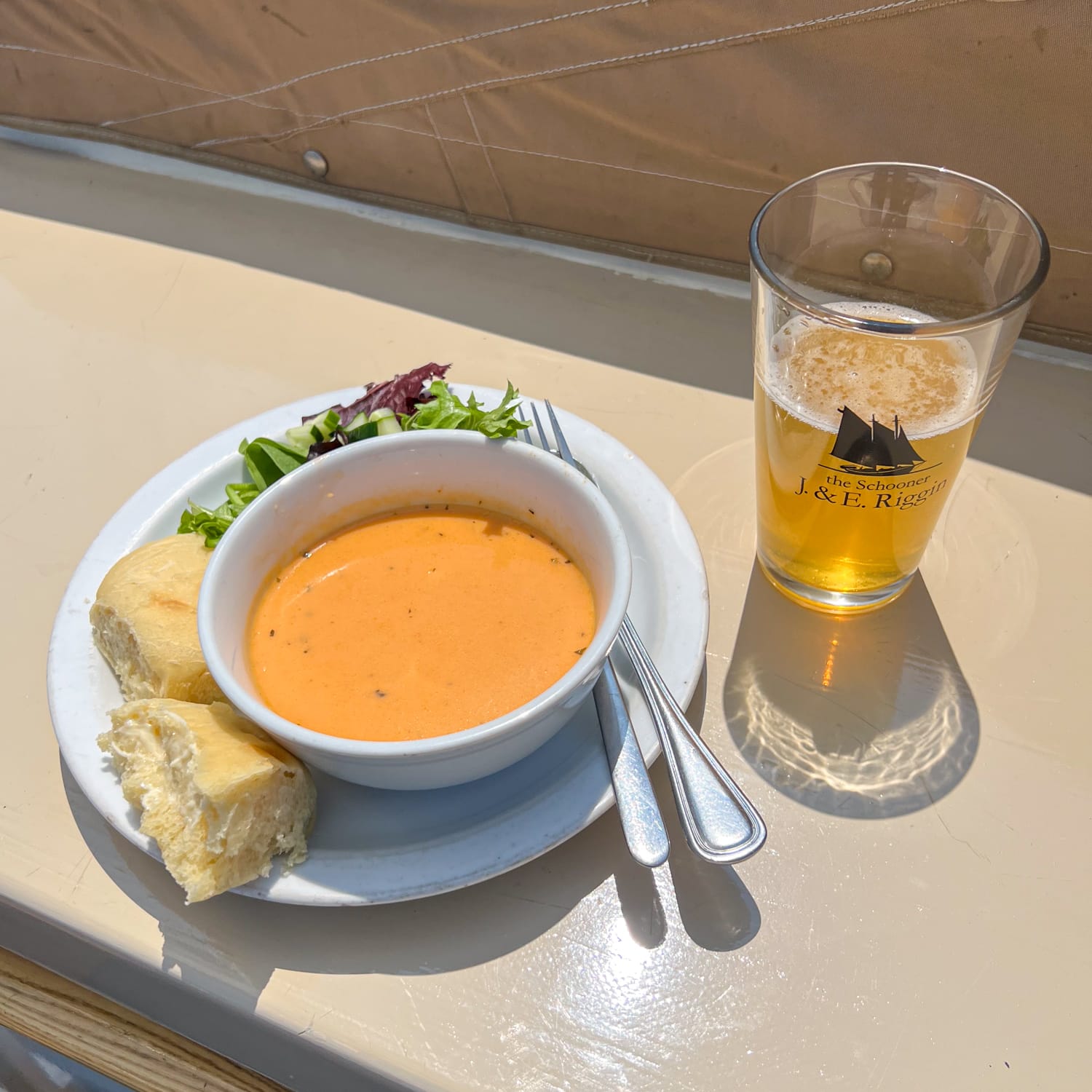 Lobster bisque and Summer Lights Citrus Wheat Ale, a Maine craft beer