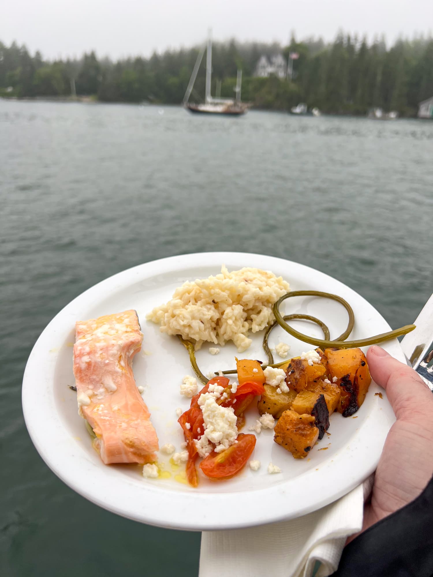 Salmon with lemon risotto on a J & E Riggin windjammer cruise in Maine
