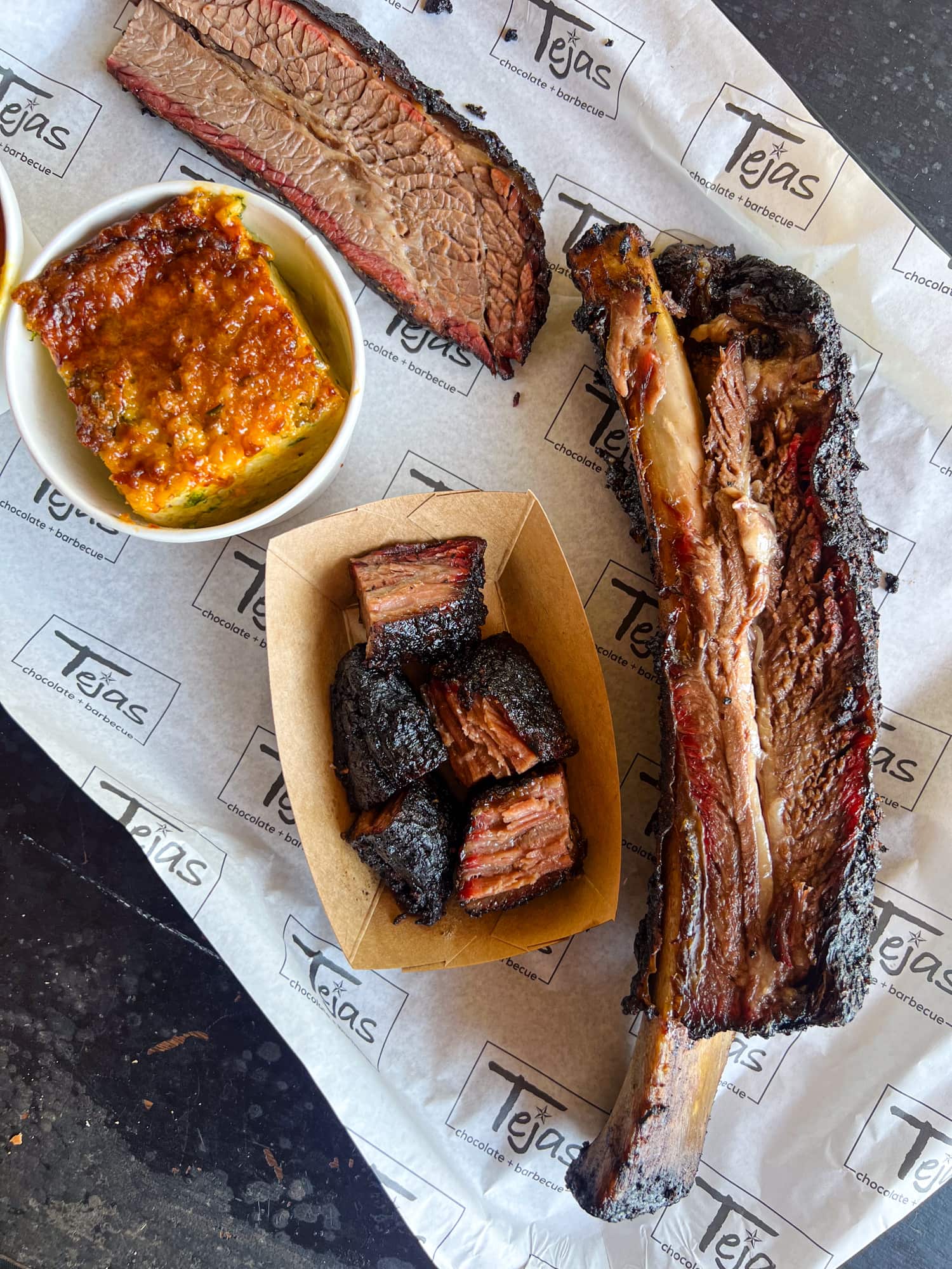 Beef rib, brisket, and burnt ends at Tejas Chocolate & Barbecue