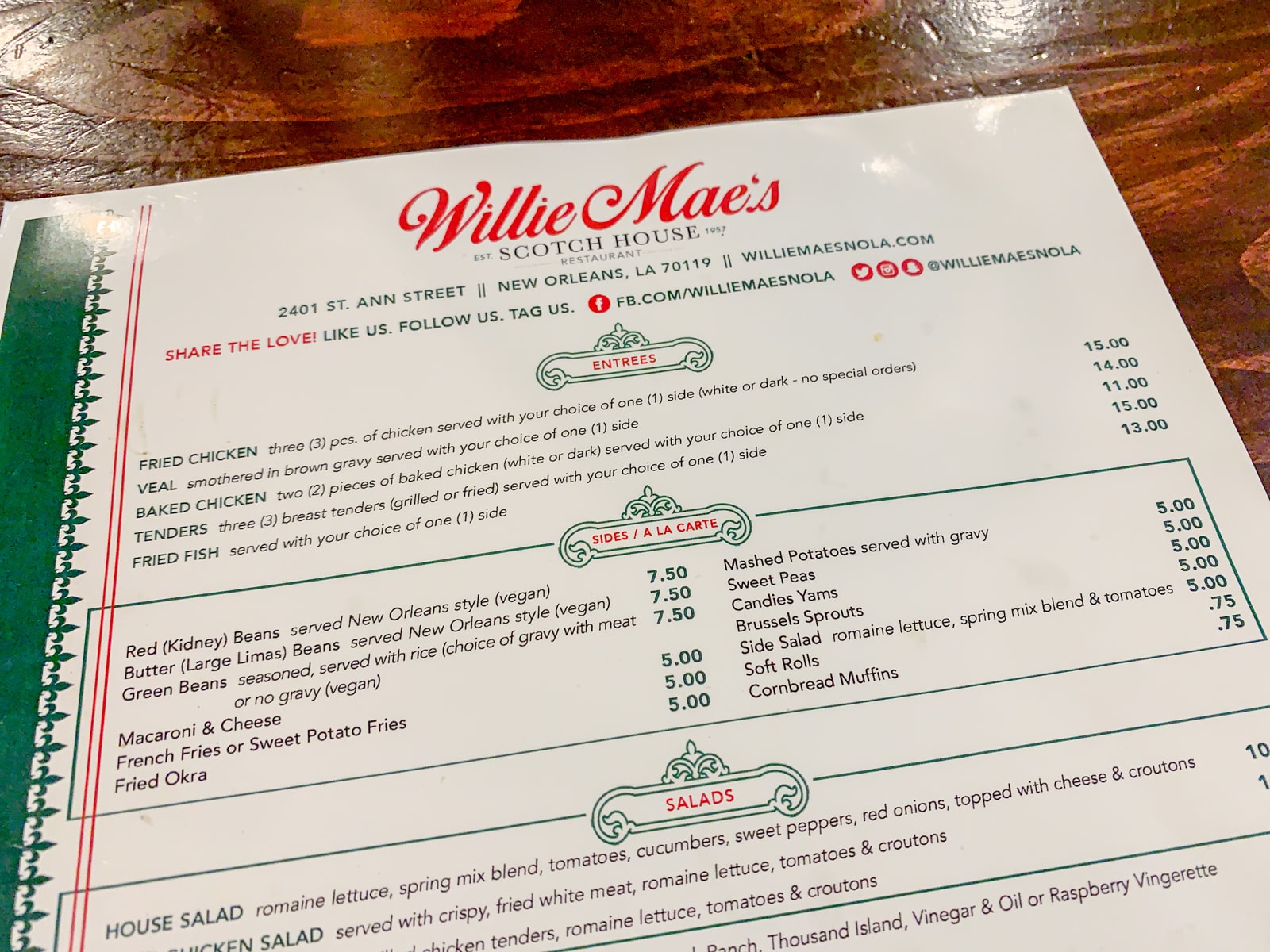 Willie Mae's menu