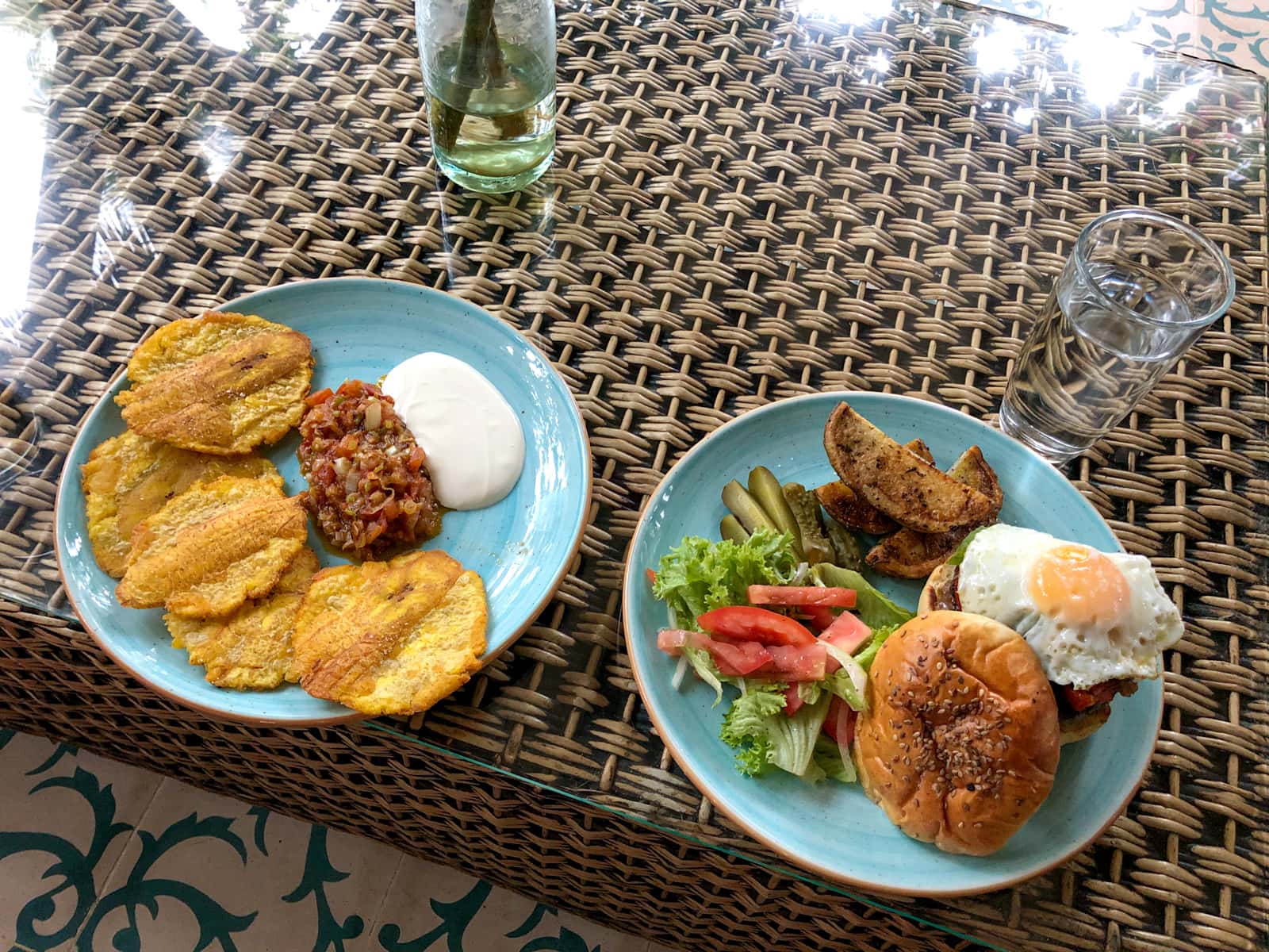 Patacones (fried plantains) and a burger