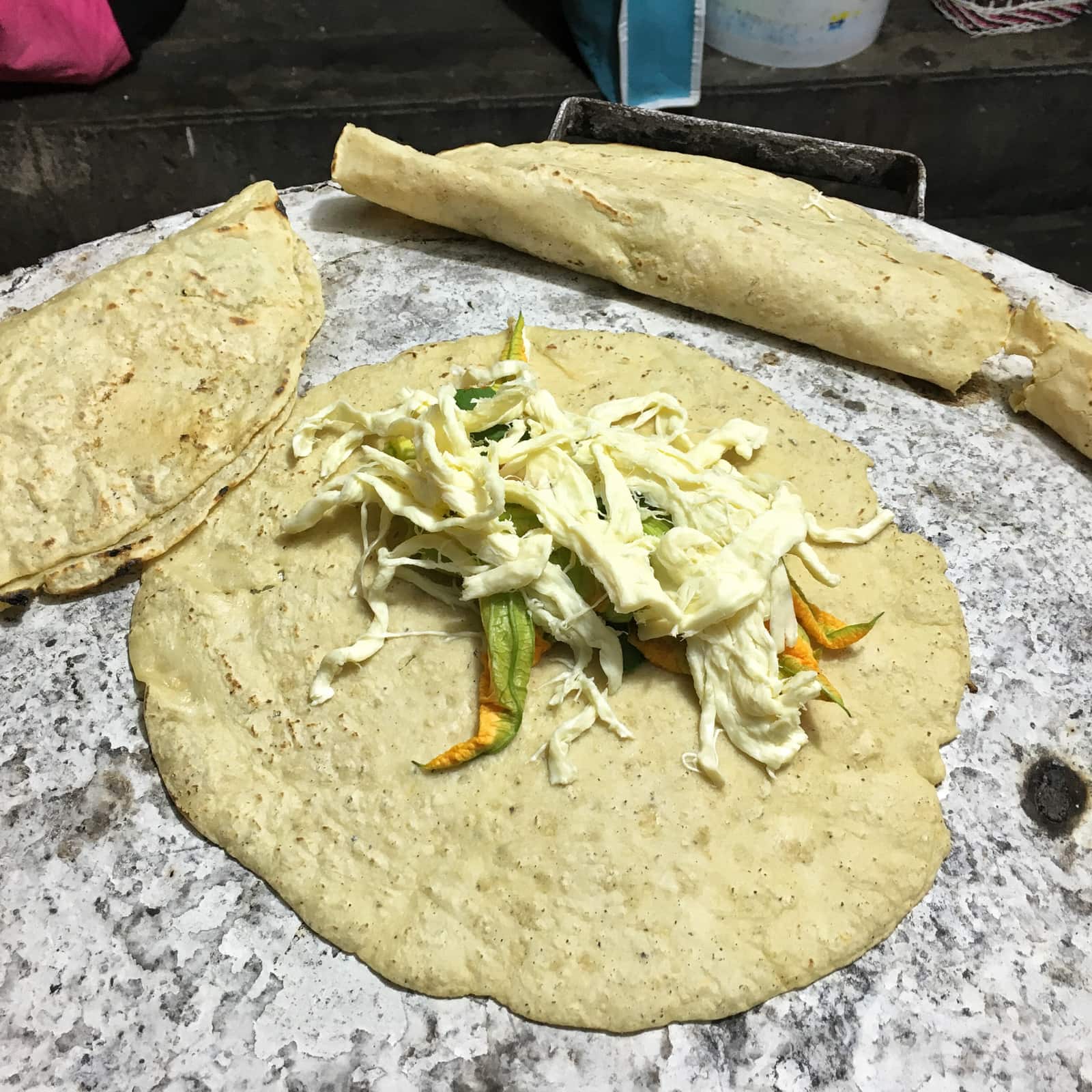 Squash blossom quesadilla with Oaxaca cheese.