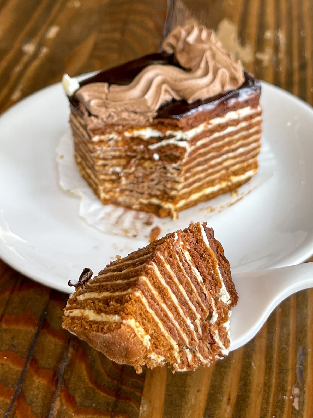 Sour cream cake with honey sponge at a Russian bakery in San Francisco, CA