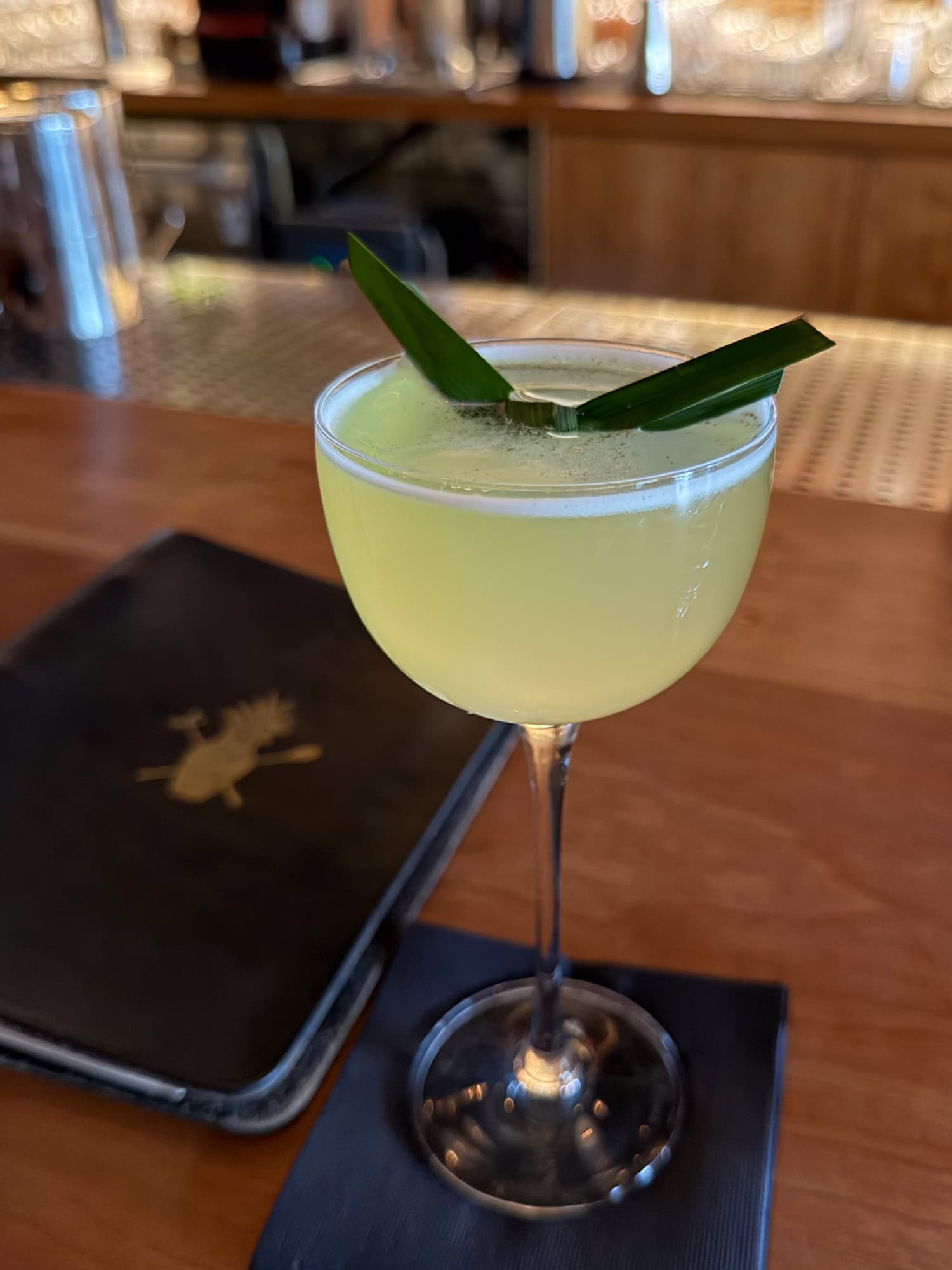 Kung Fu Pandan cocktail made with Japanese whisky and rice shochu at Pacific Cocktail Haven in San Francisco.