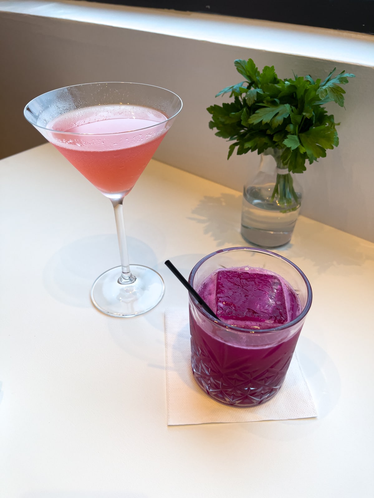 White nectarine and dragon fruit cocktails.