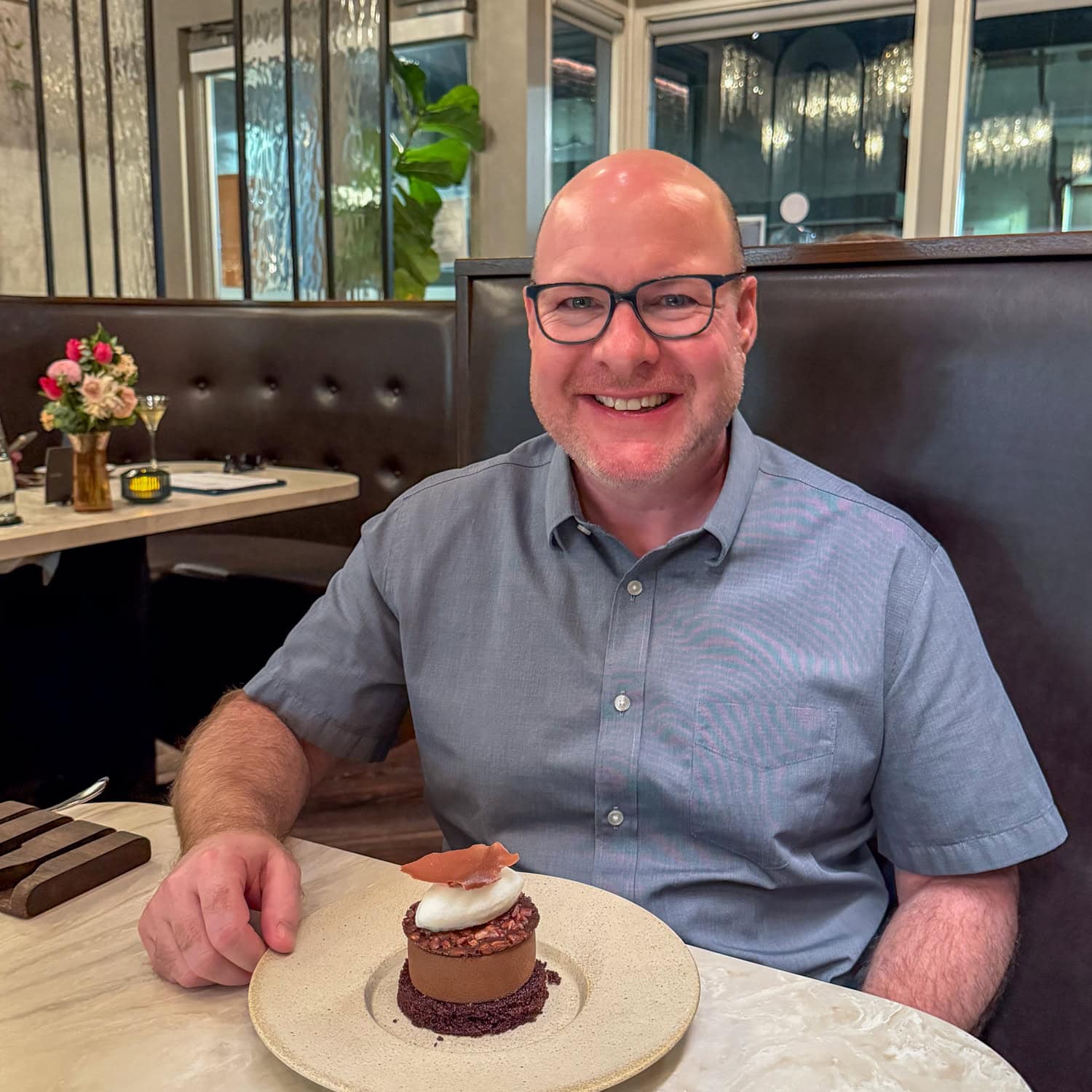 Dave with Senia's chocolate mousse dessert (photo by Kelly Lemons).