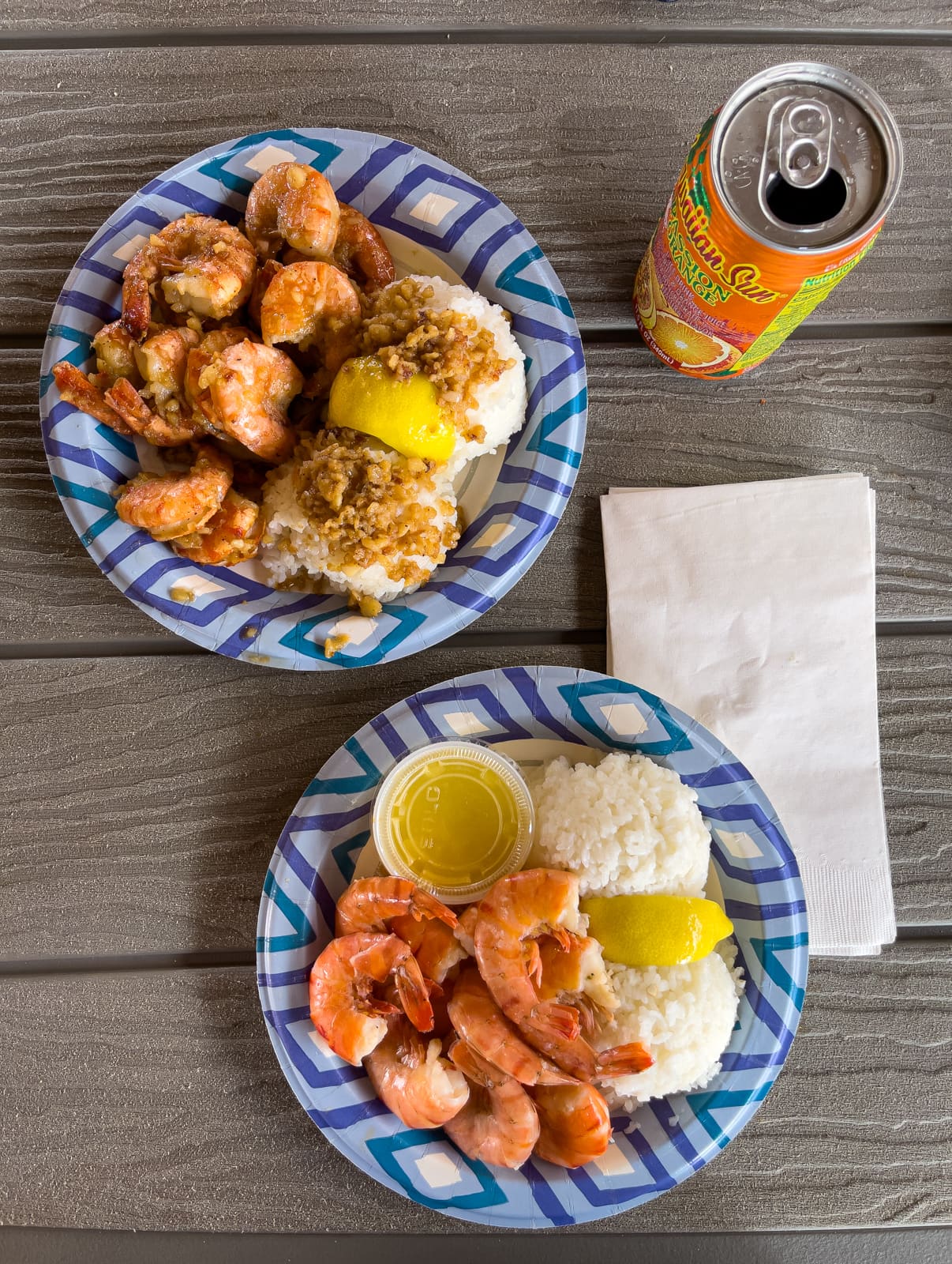 Shrimp scampi (top) and lemon butter at Giovanni's food truck on the North Shore of Oahu.