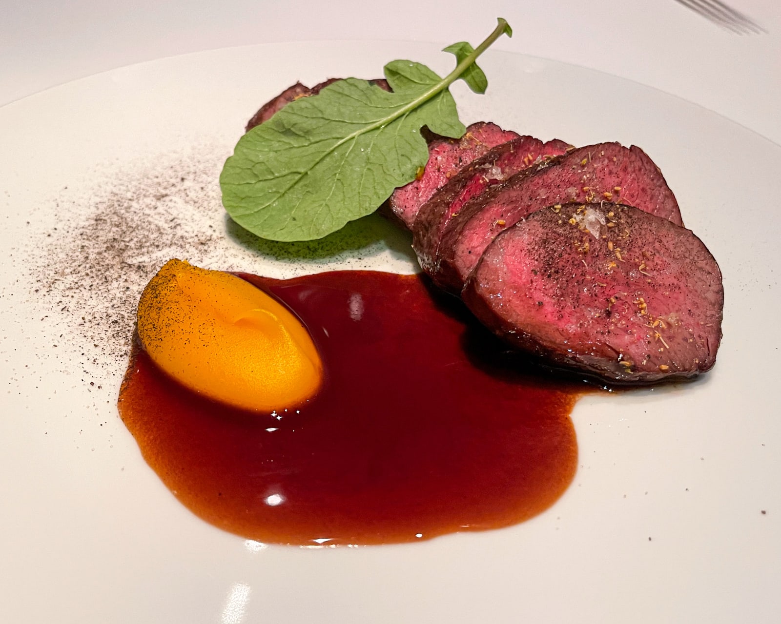 American wagyu with kabocha, and lapsong souchong tea.