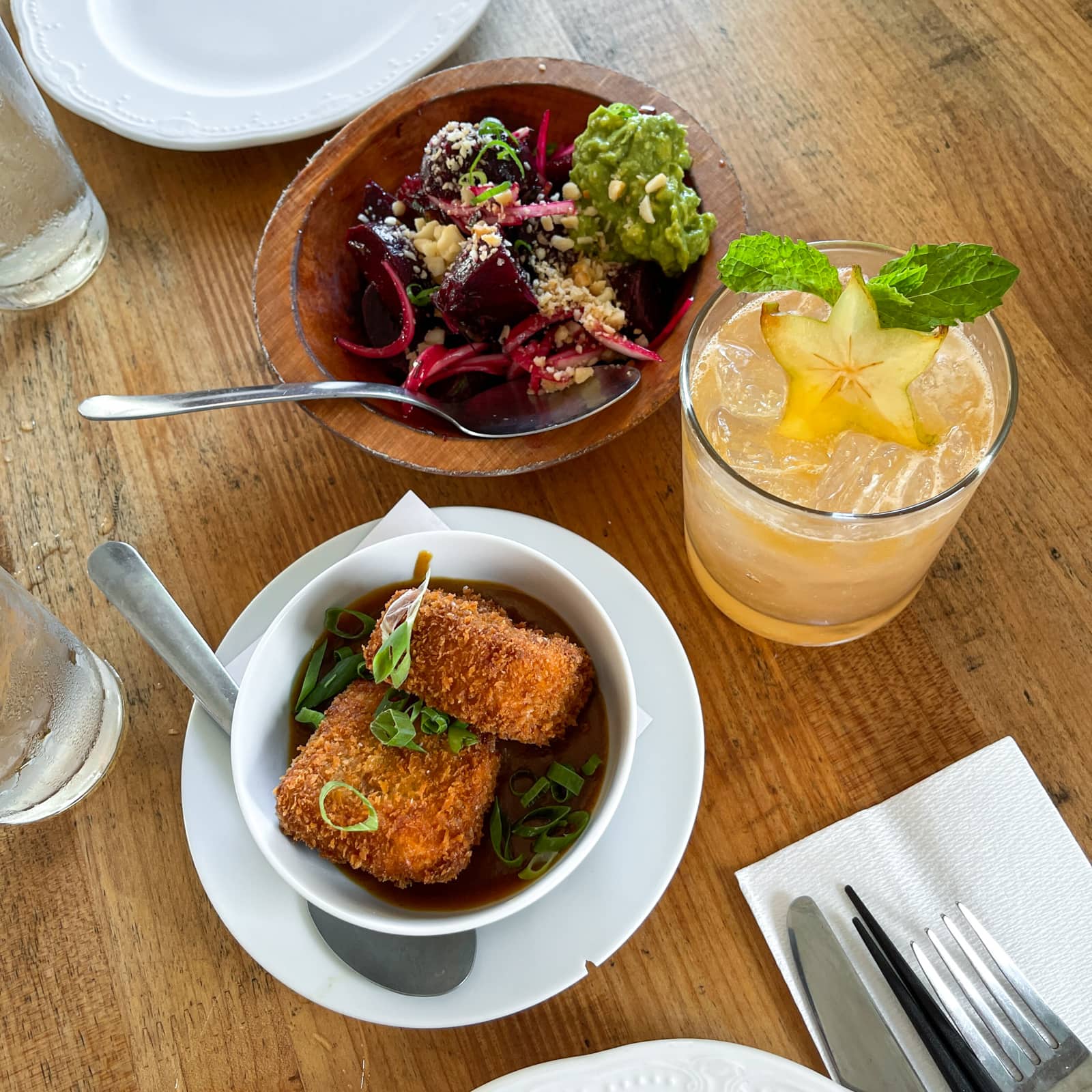 Beet poke and chicken croquettes at Mud Hen Water.