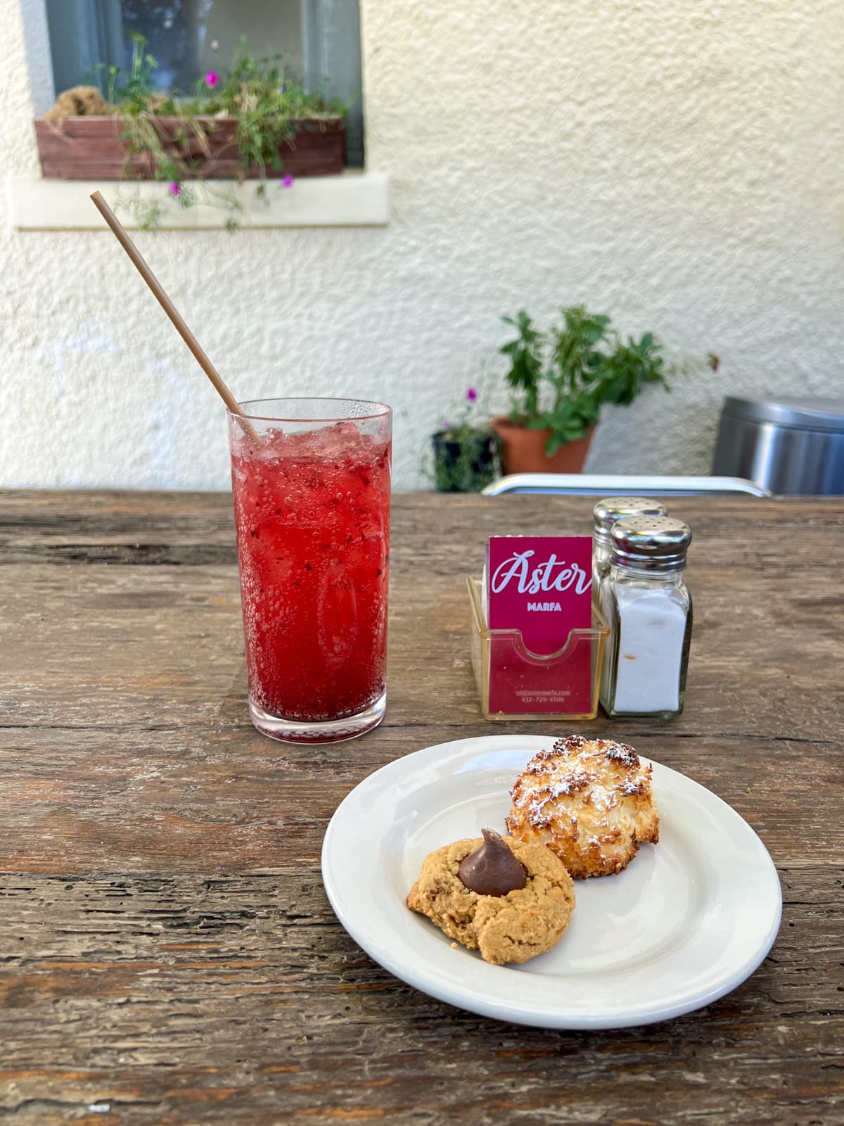 Peanut butter kiss cookie and a macaroon at Aster Marfa