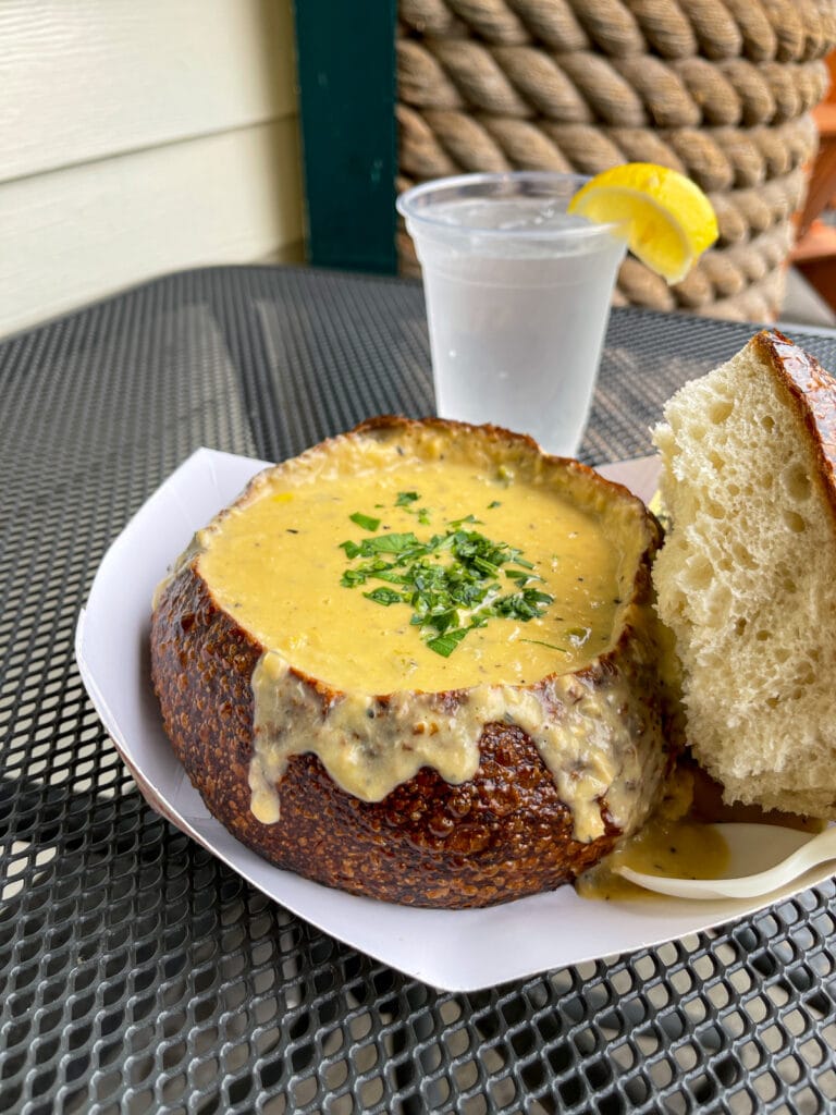 Crab chowder in a sourdough bowl