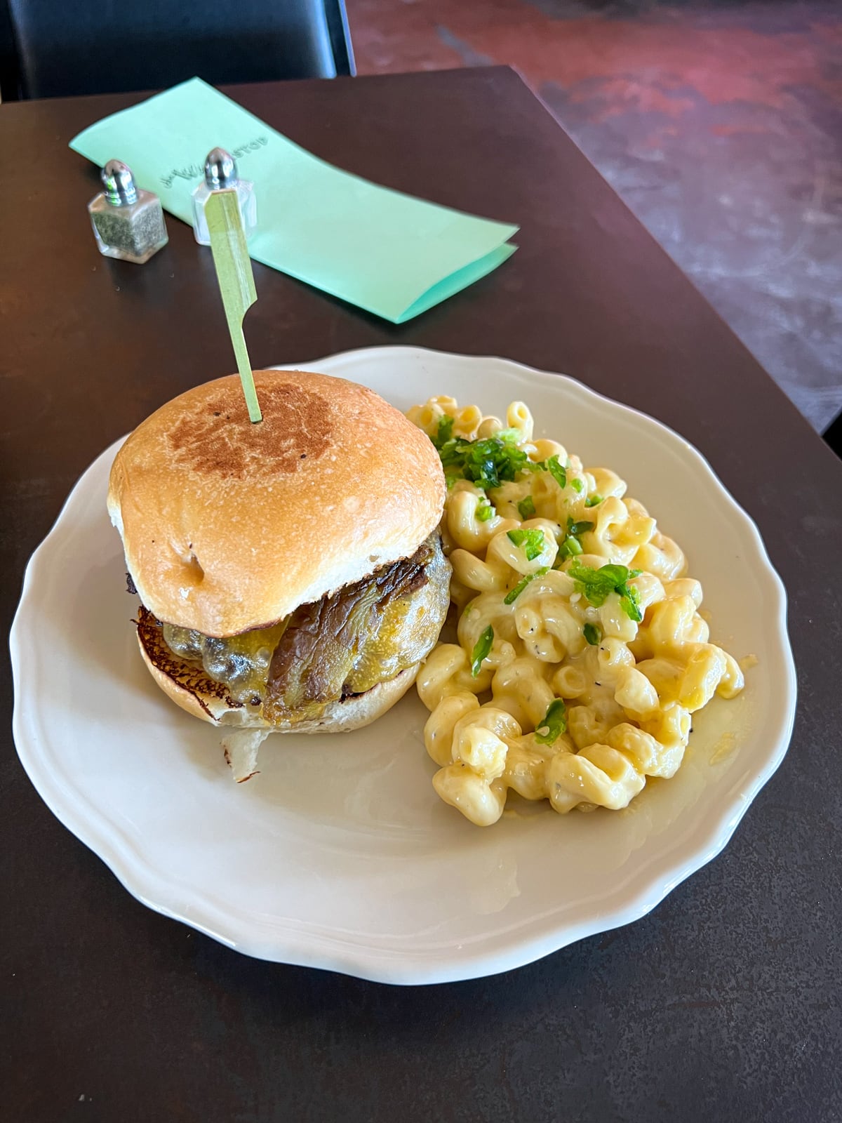 Green chile cheeseburger at The Water Stop in Marfa, TX