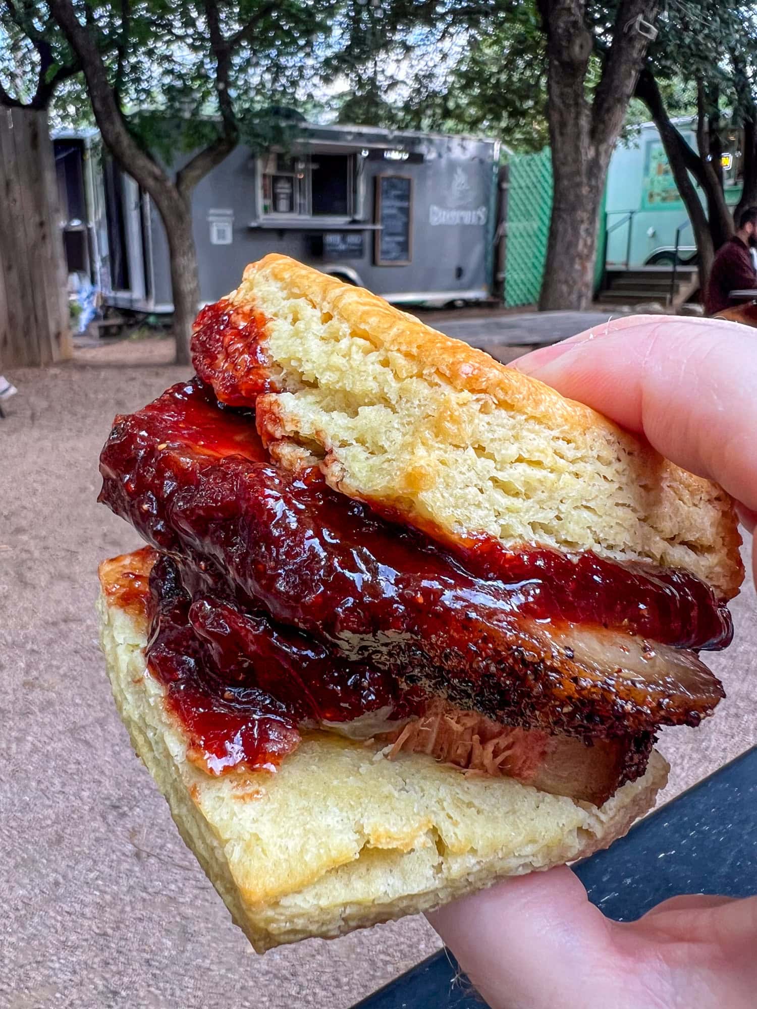 Brisket and jelly biscuit sandwich at Briscuits.
