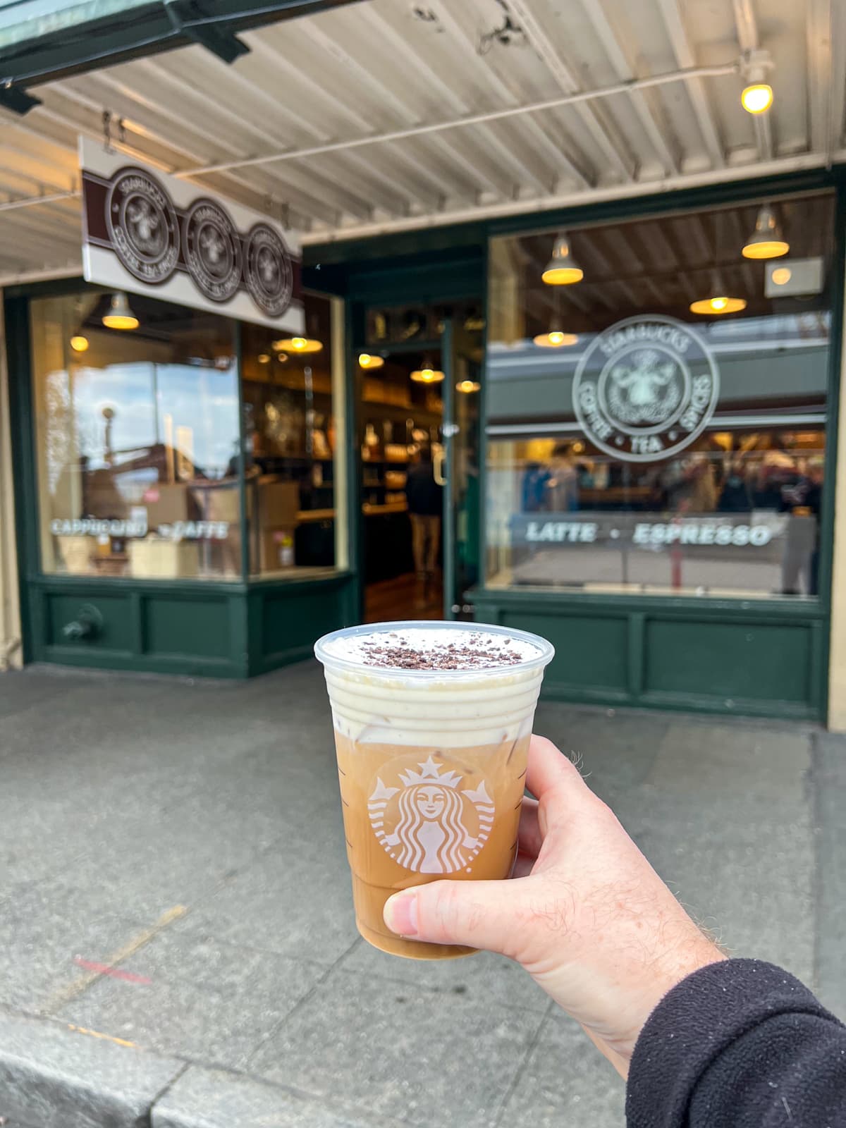 Cookies 'n Cream latte outside the original Starbucks in Pike Place Market