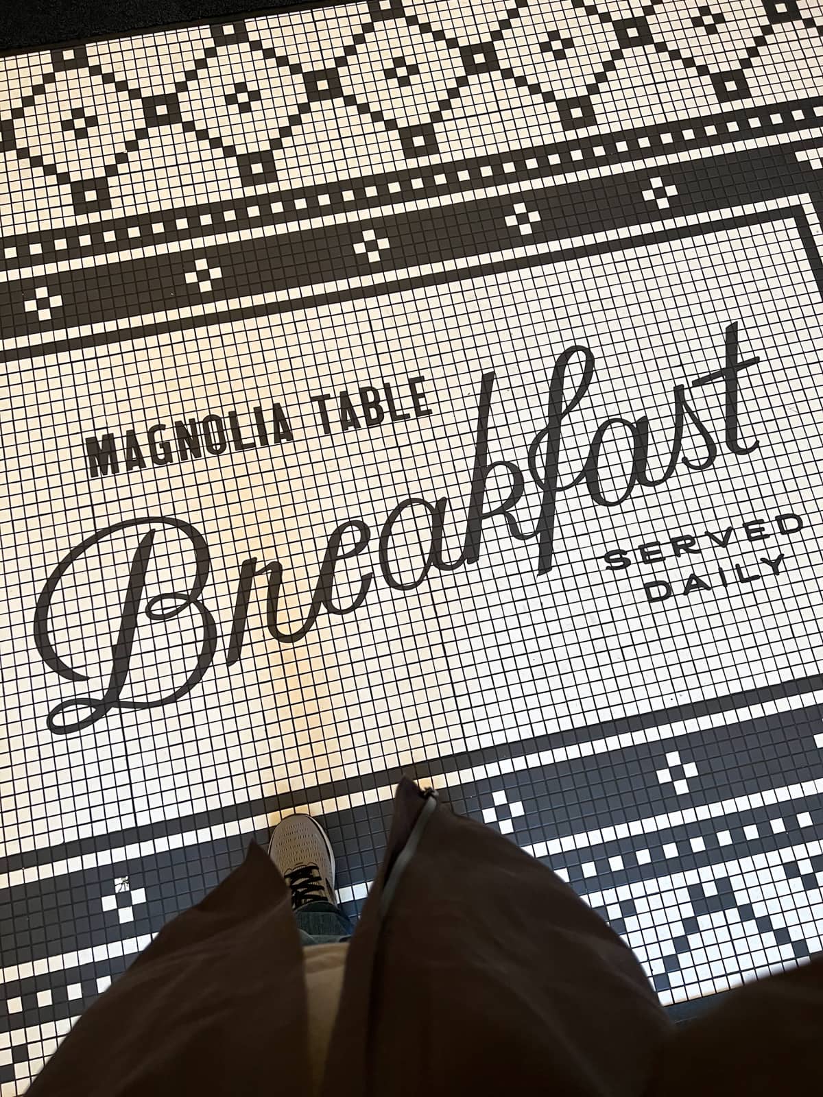 "Breakfast" floor mosaic at Magnolia Table, Chip and Joanna Gaines' restaurant in Waco, TX