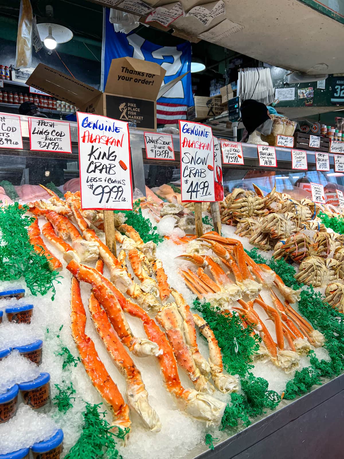 Alaskan king crab for sale at the Pike Place Fish Market